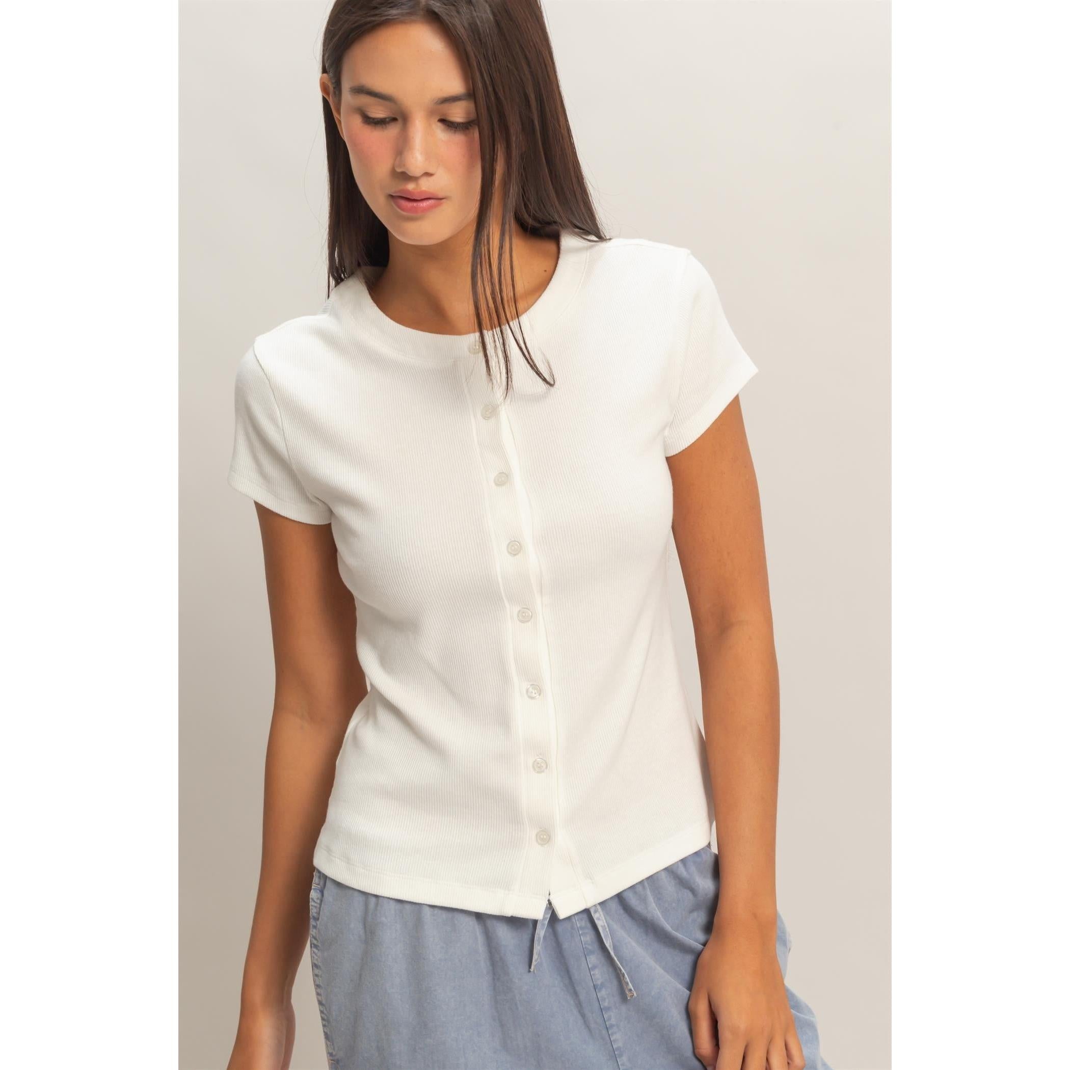 soft ribbed short sleeve button up