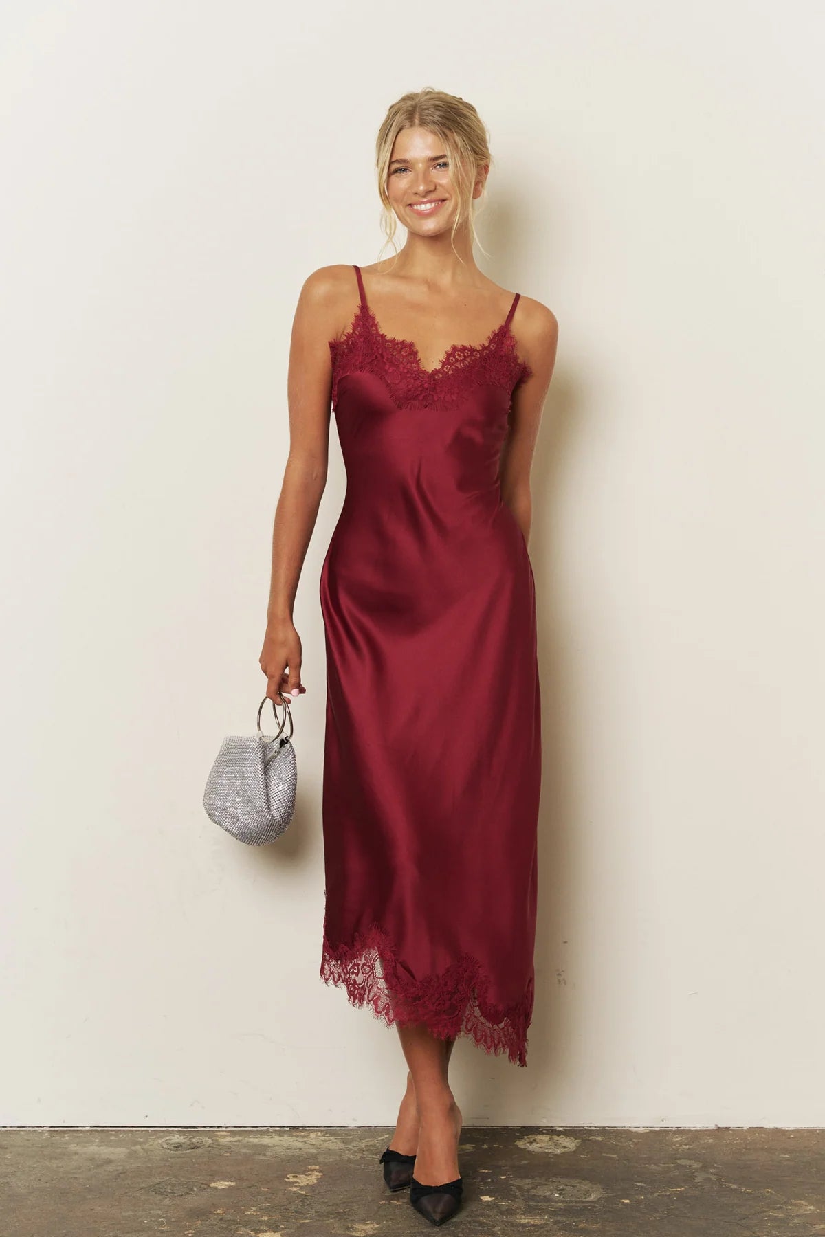 lace trim satin dress