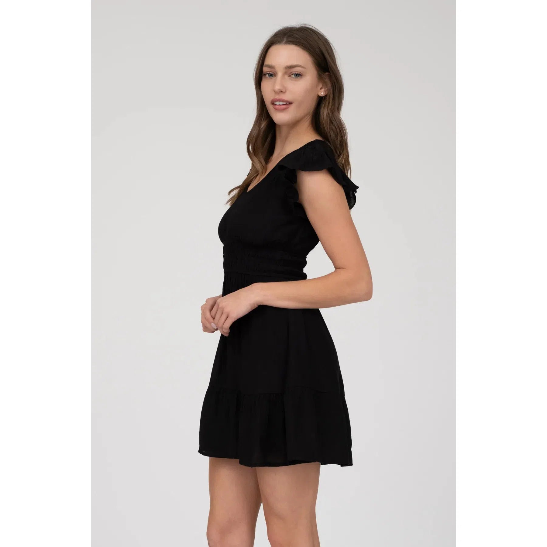 V Neck Ruffle Shirred Dress