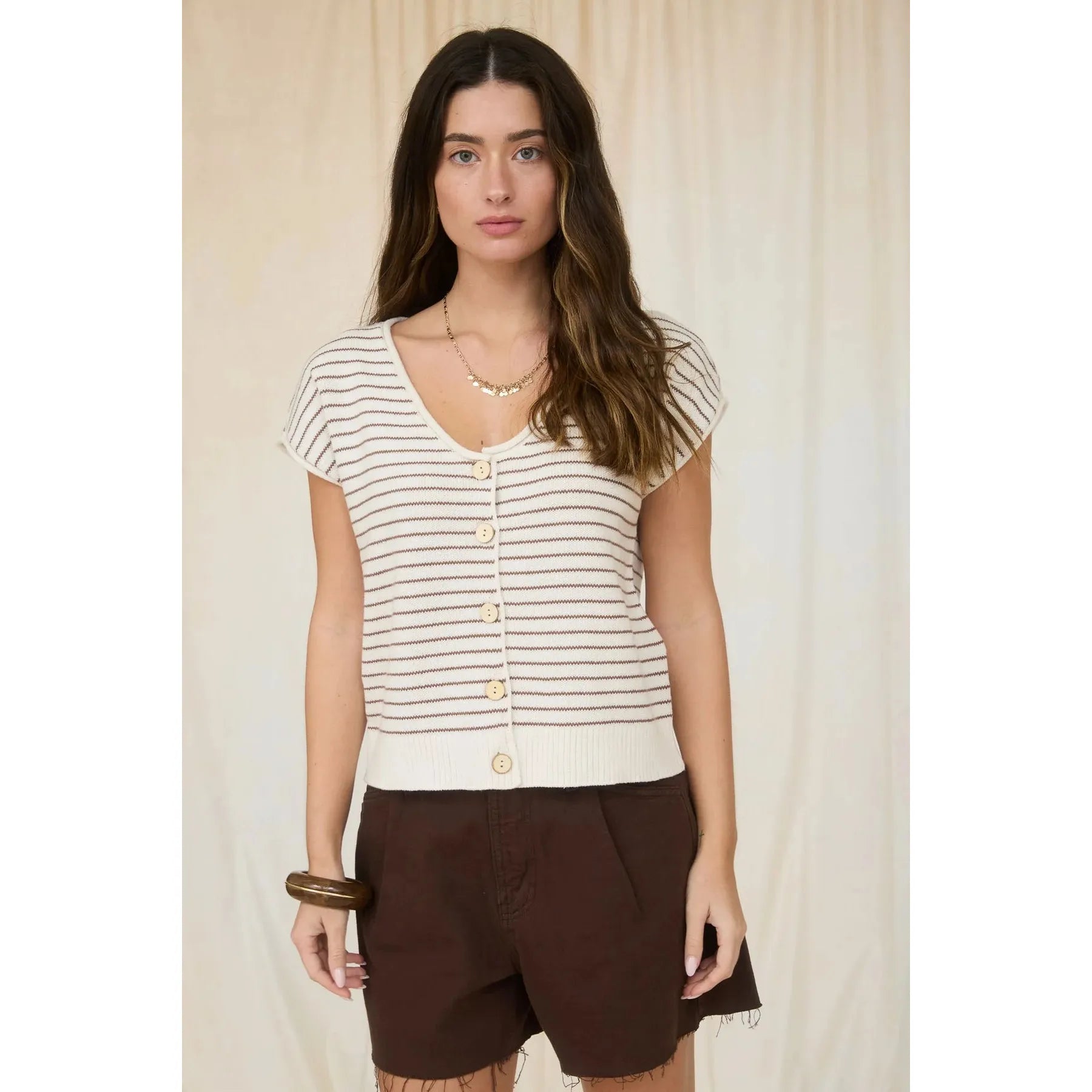 Brown Stripe Short Sleeve Cardigan 