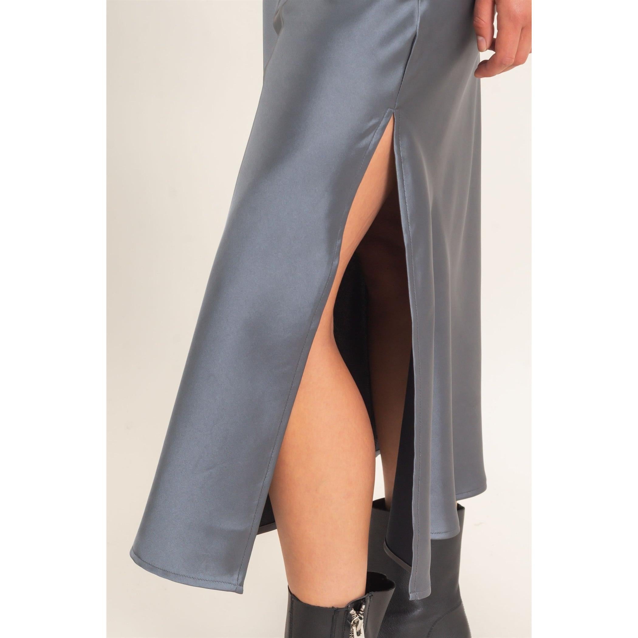 Satin V-neck Slip Dress || Dark Gray