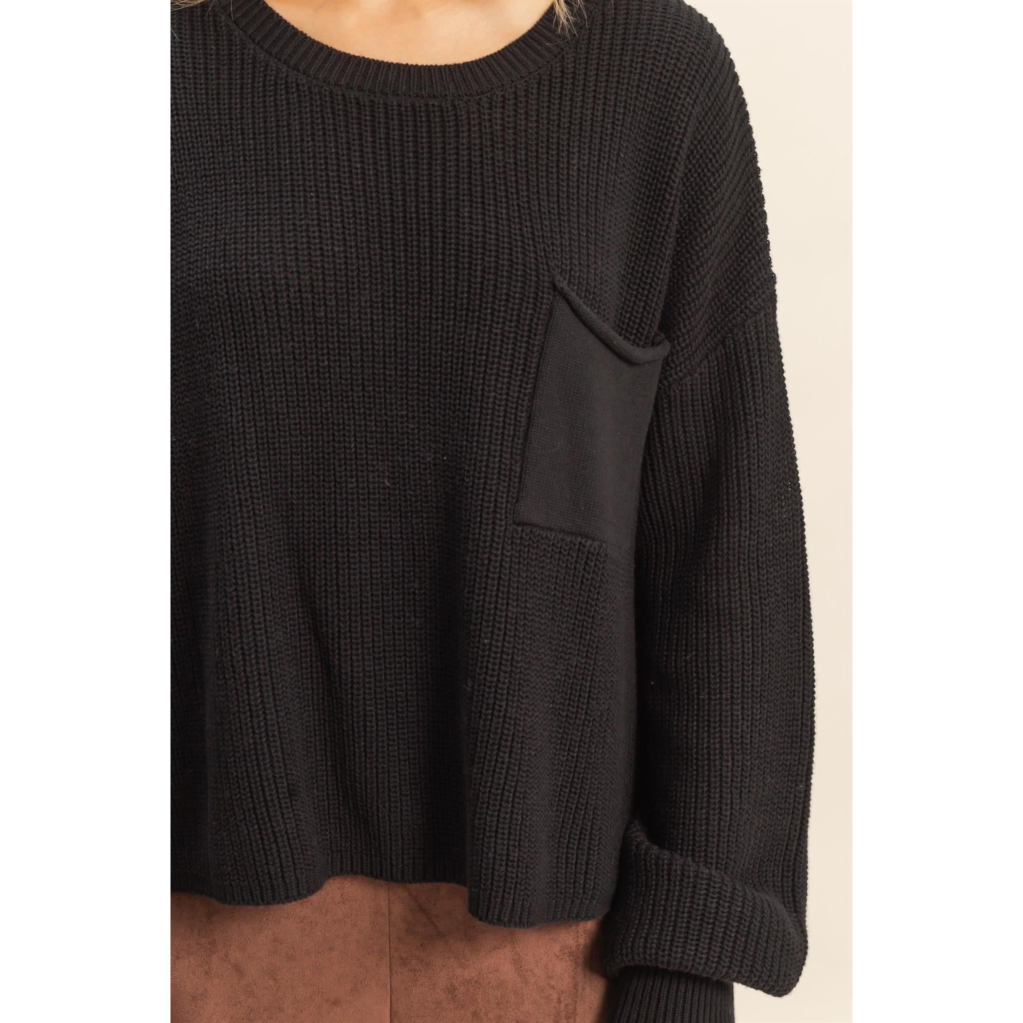 Crew Neck Pocket Sweater || Black