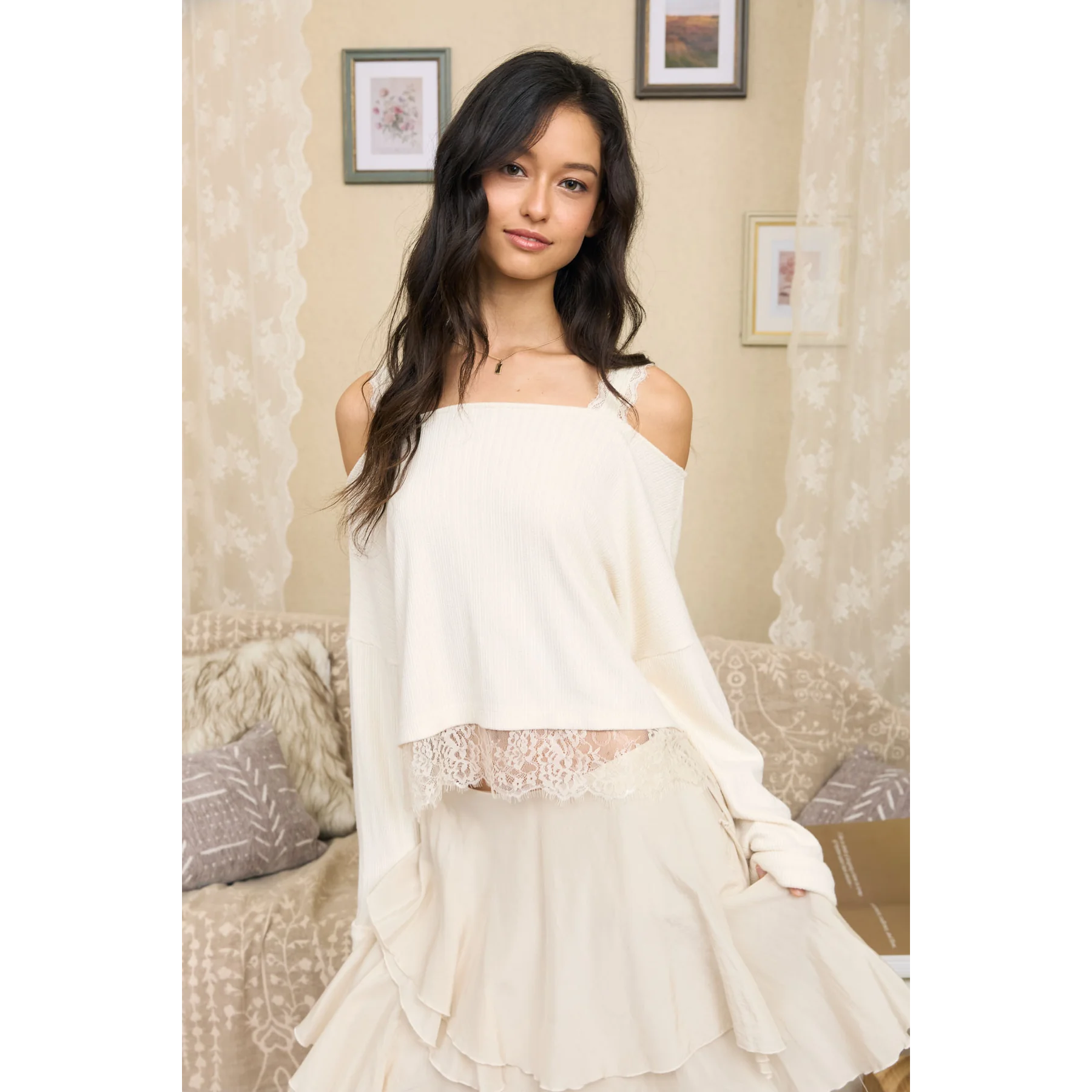 Off-shoulder Lace Strap Top || Cream