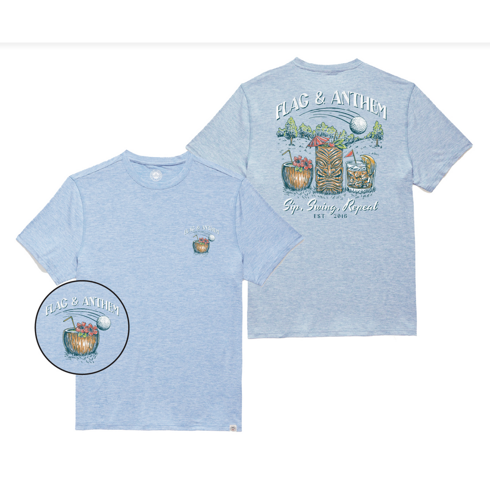 Flag & Anthem Sip Swing Repeat Performance Tee || Light Blue Heather