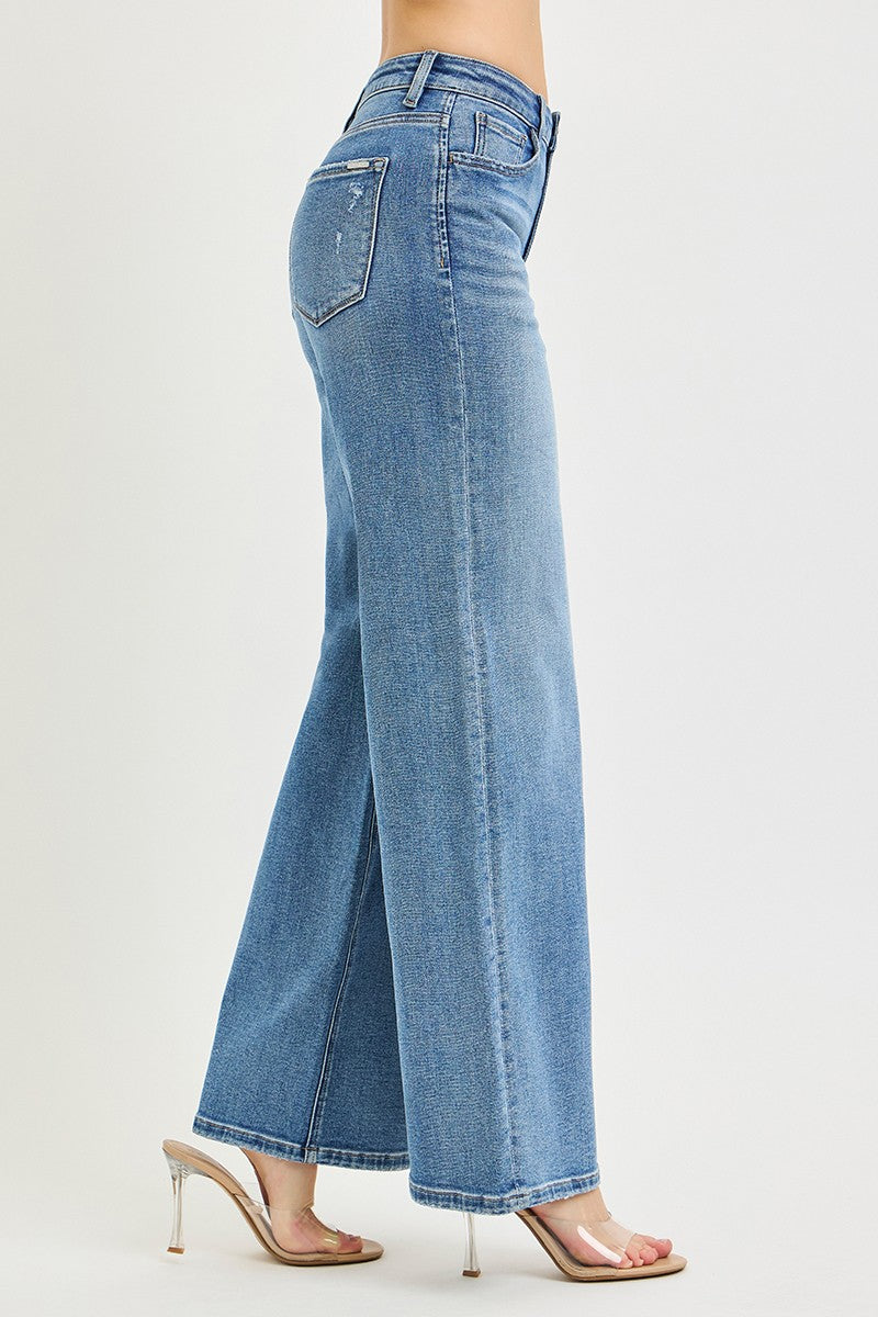 Risen High Rise Wide Leg Jeans || Medium Wash