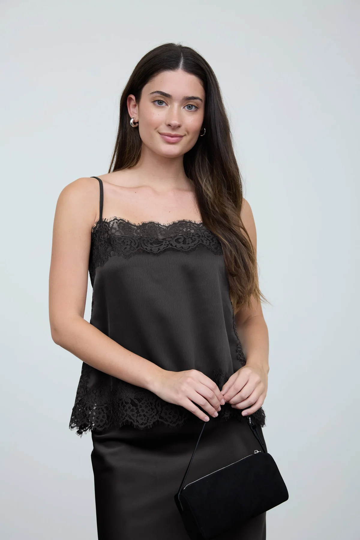 Satin Lace Trim Detail Cami || Black