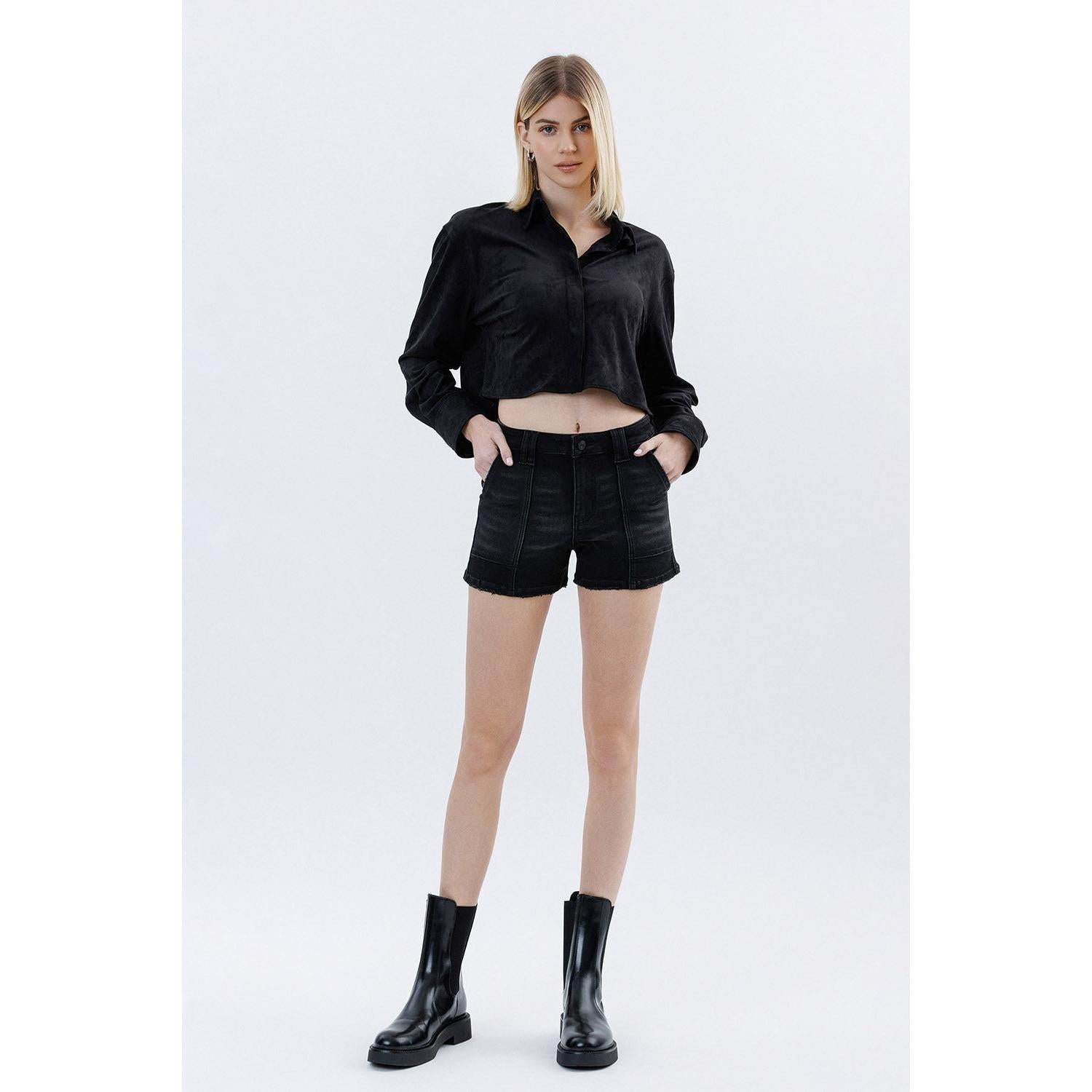 Lovervet High Rise Utility Pocket Denim Shorts || Black