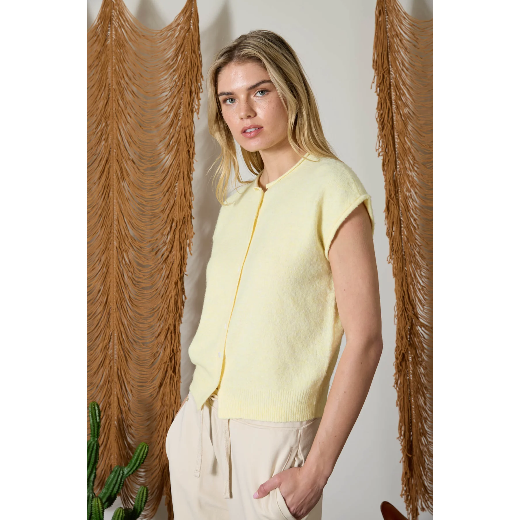 Raw Edge Short Sleeve Cardiagan || Butter Yellow