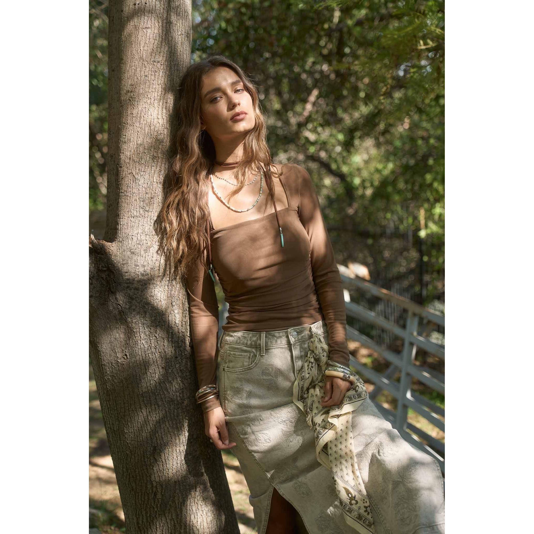 Ruched Waist Long Sleeve Top || Brown