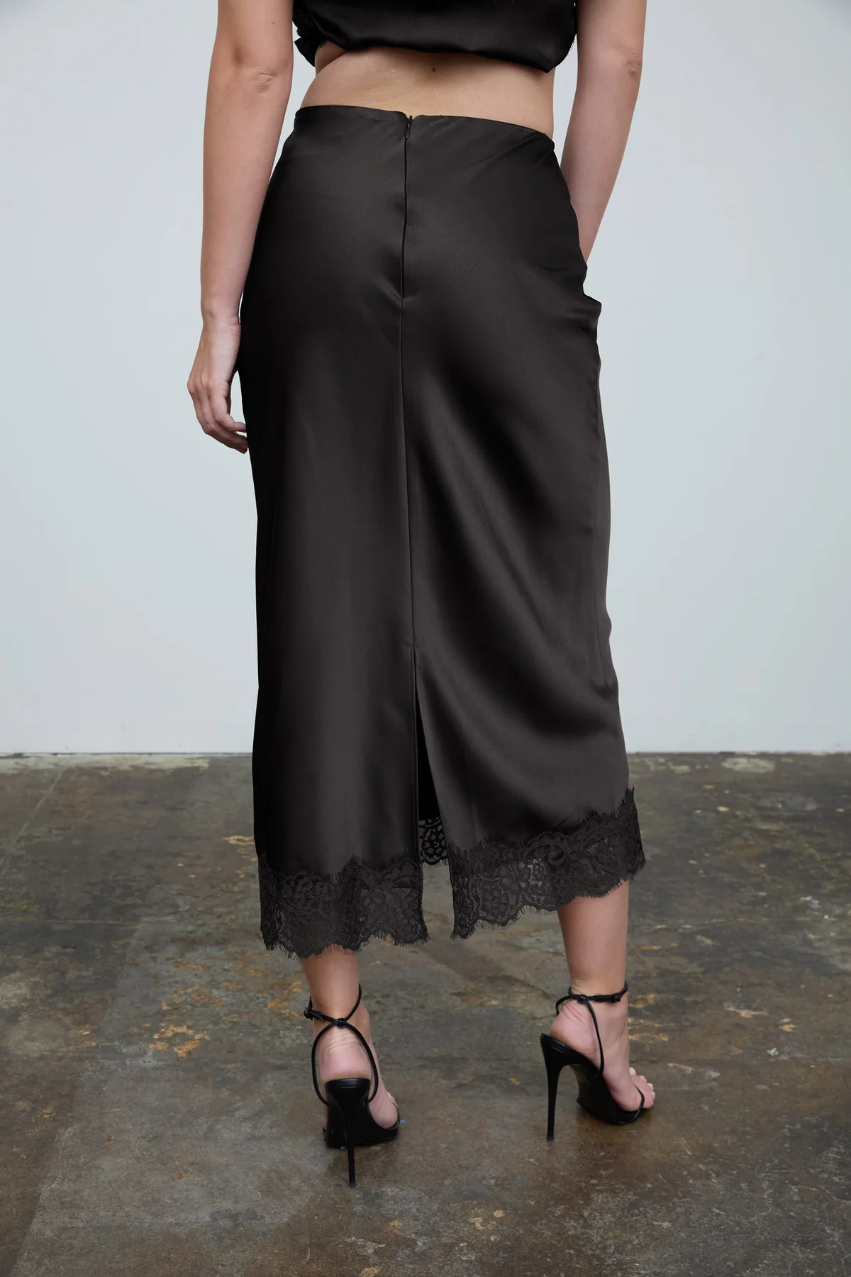 Satin Lace Hem Back Slit Pencil Skirt || Black