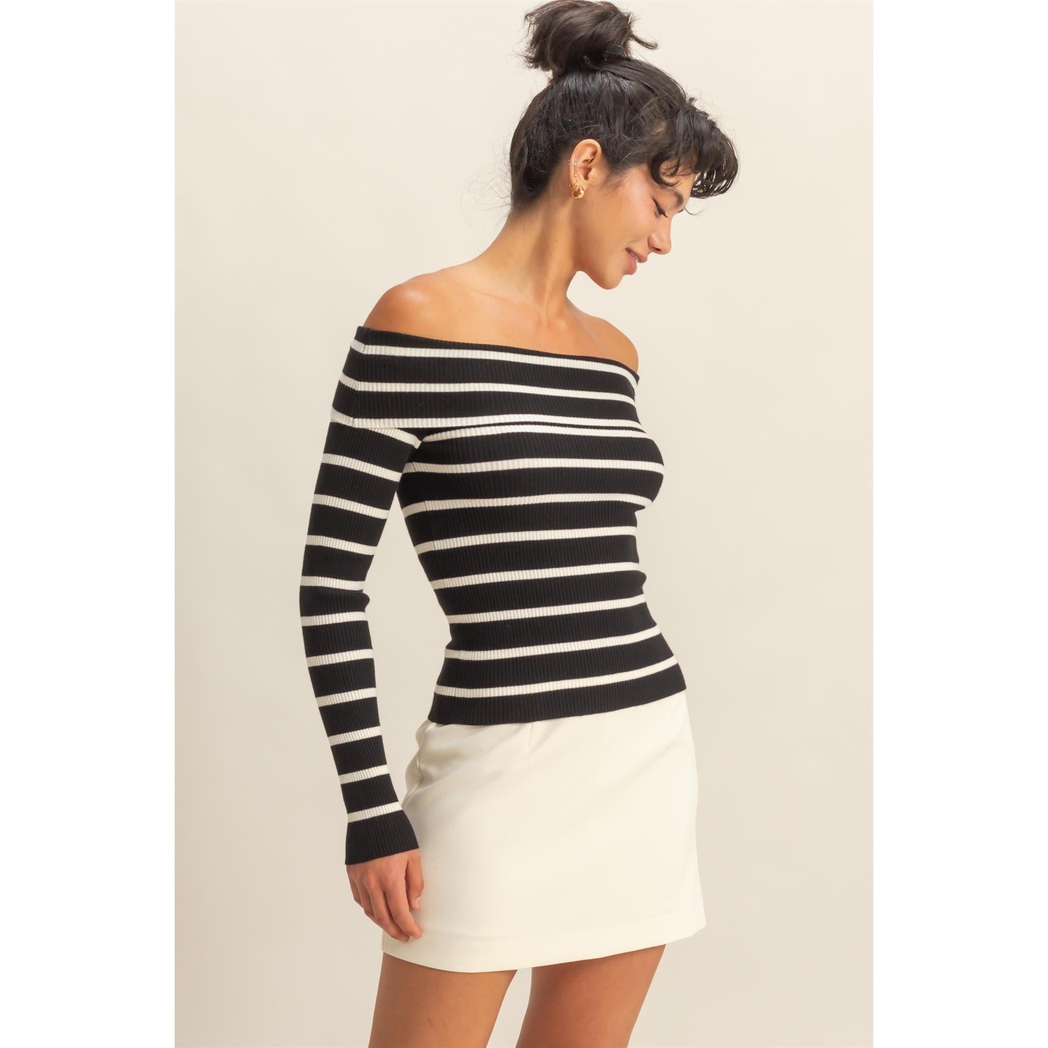 Striped Off-Shoulder Top || Black/Cream