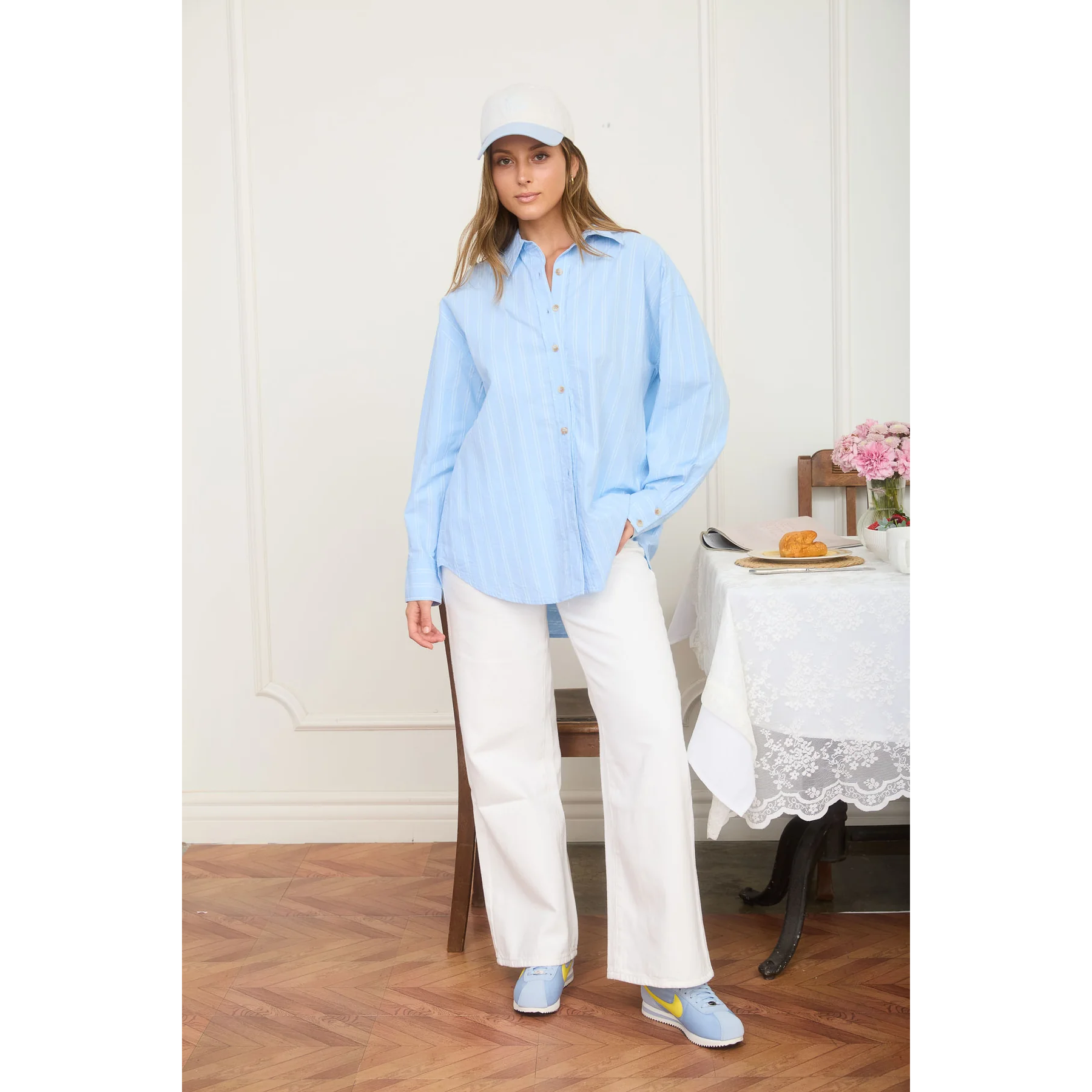 Stripe Oversized Long Sleeve Shirt Light Blue