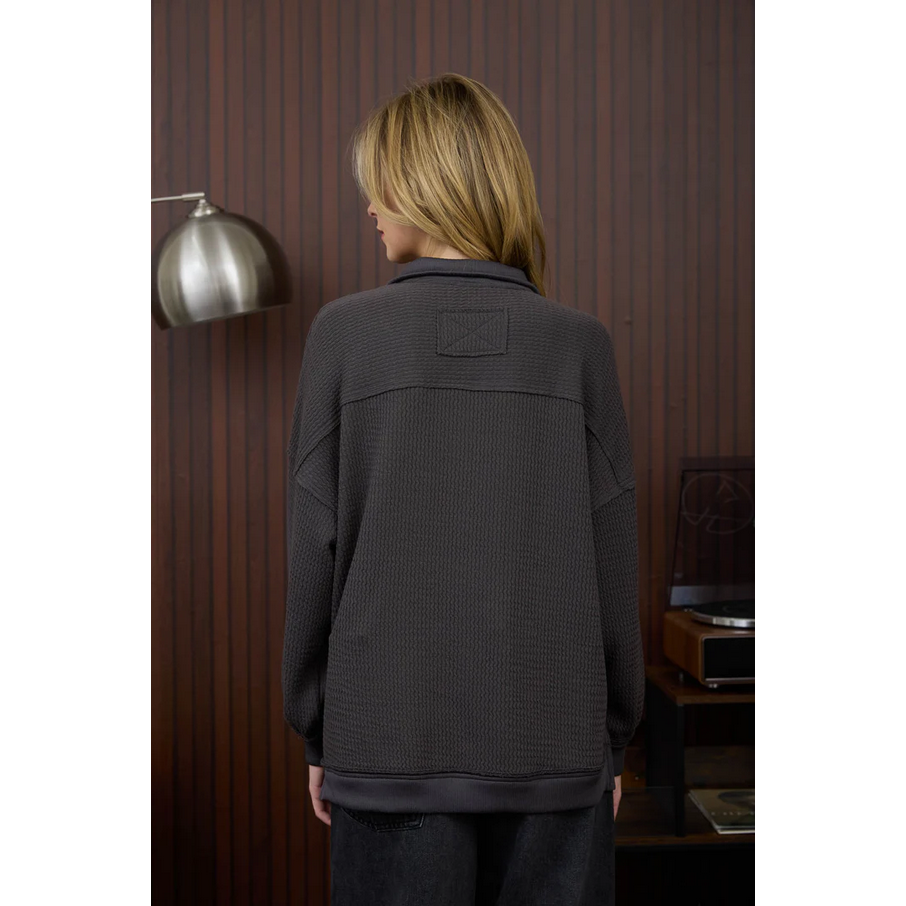 Half Zip Long Sleeve Waffle Knit Top || Charcoal