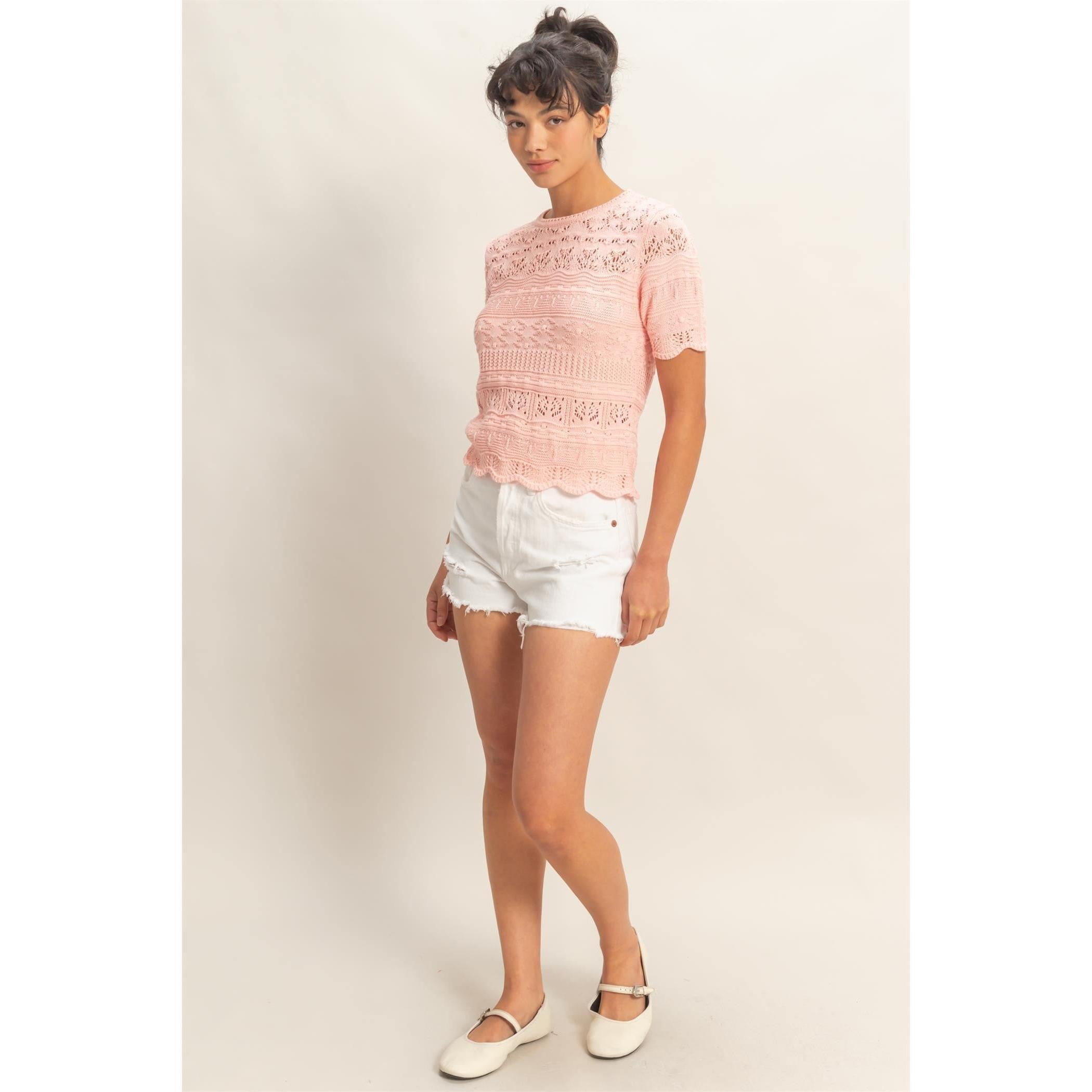 Pointelle Knit Short Sleeve Top || Pink