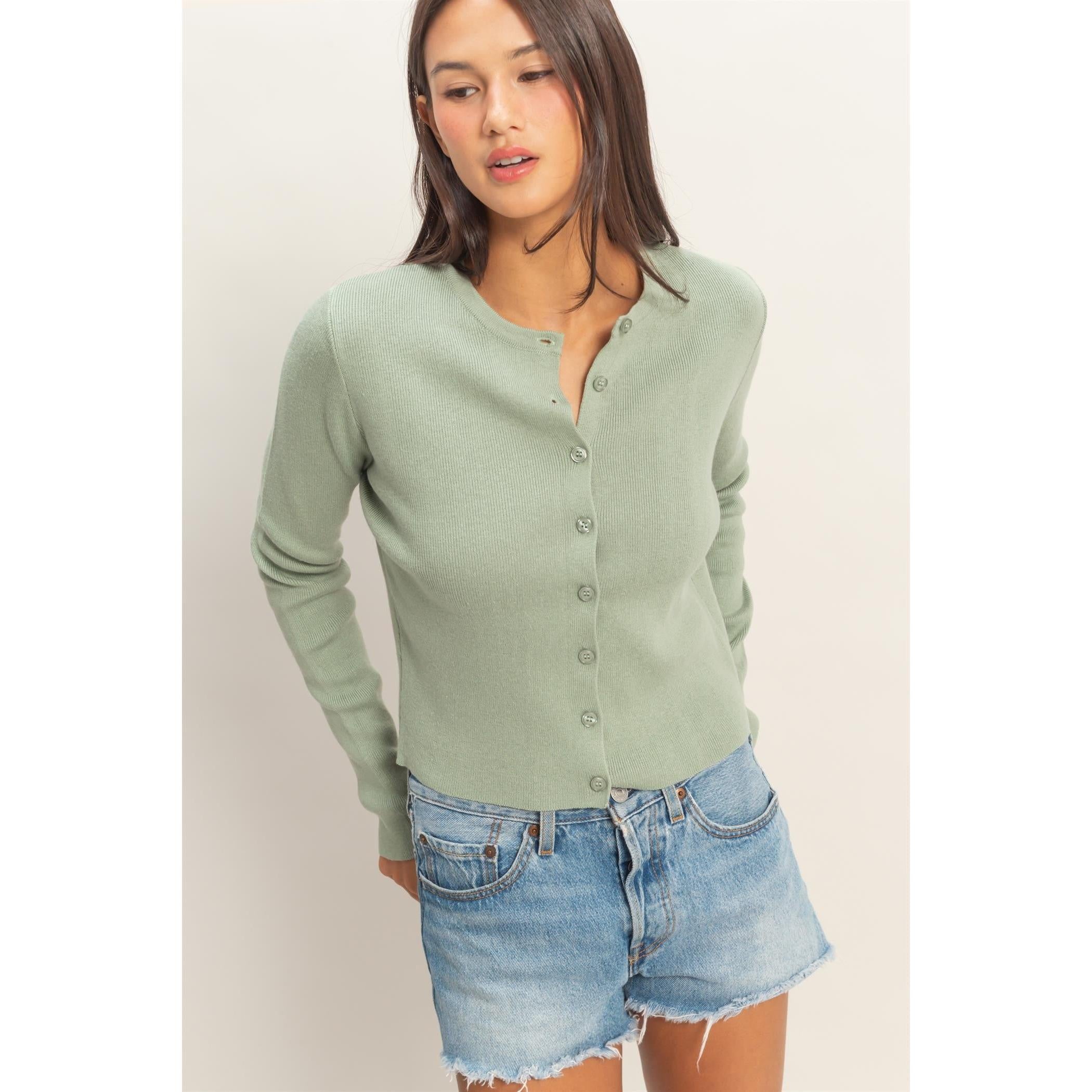 soft crew neck cardigan sage