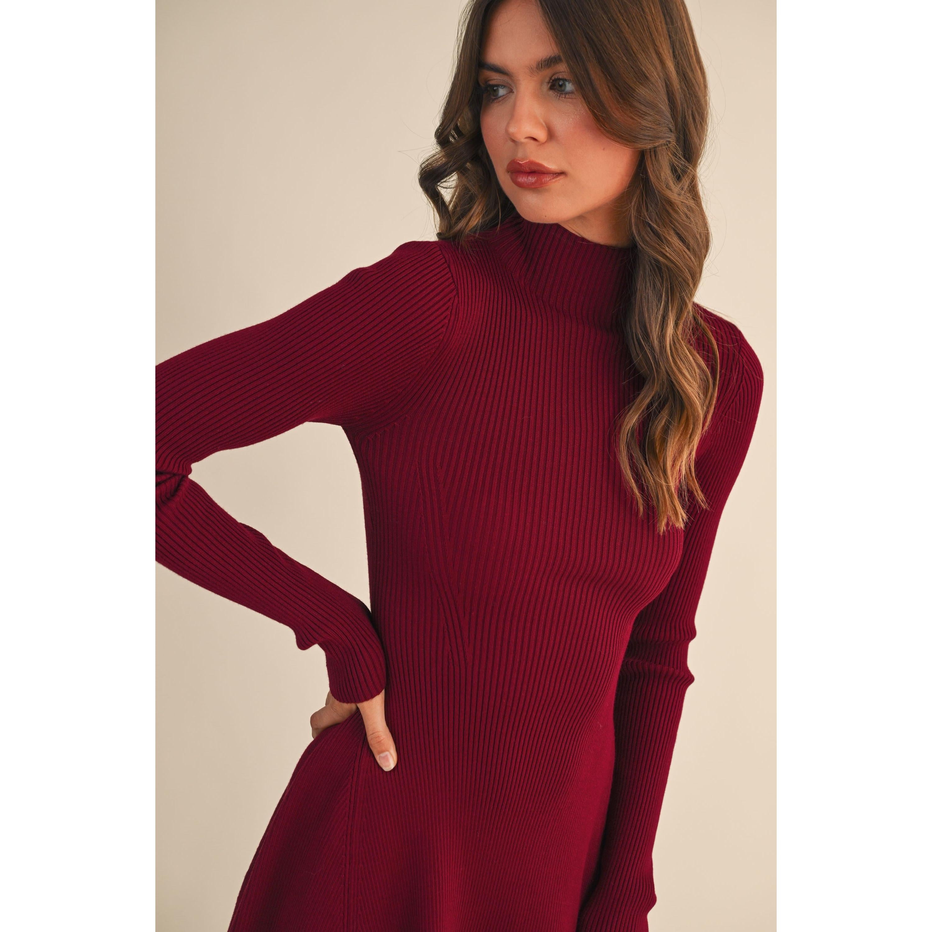 Mock Neck Fit And Flare Mini Dress || Burgundy