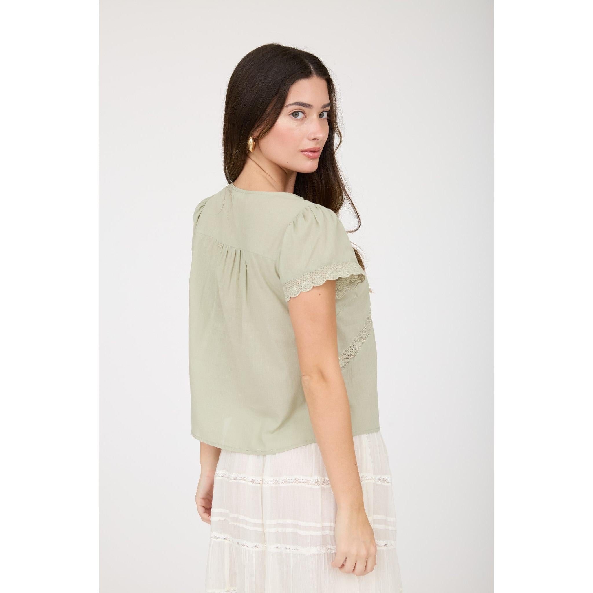 Embroidered Front Tie Lace Trim Top || Sage