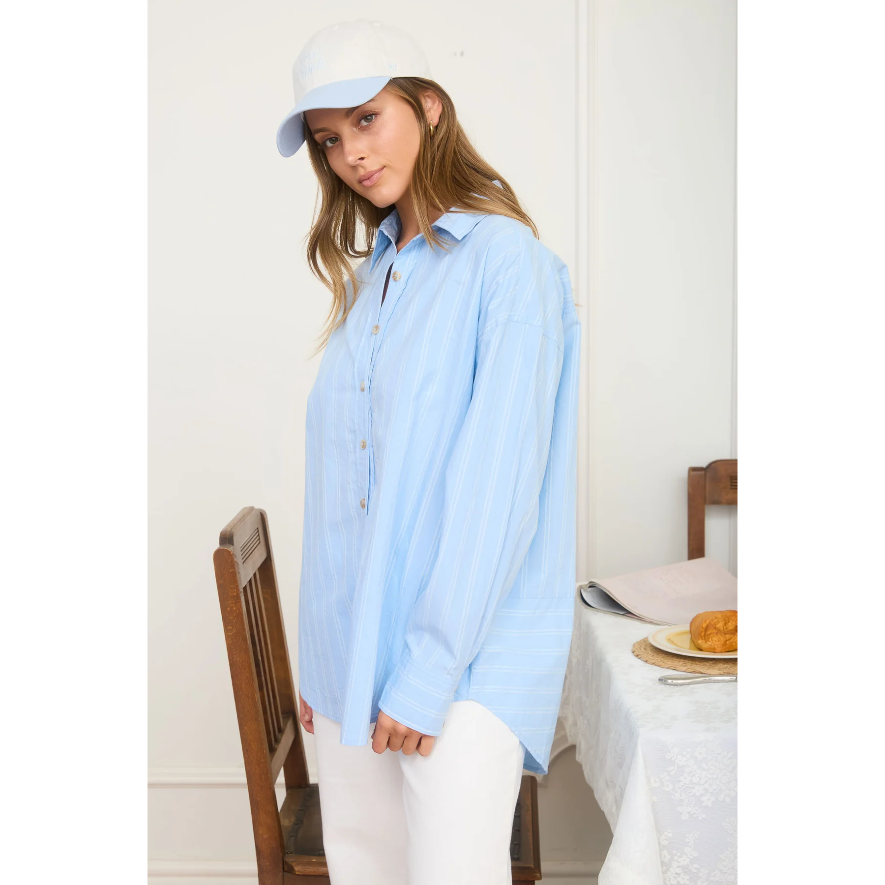 Stripe Oversized Long Sleeve Shirt || Light Blue