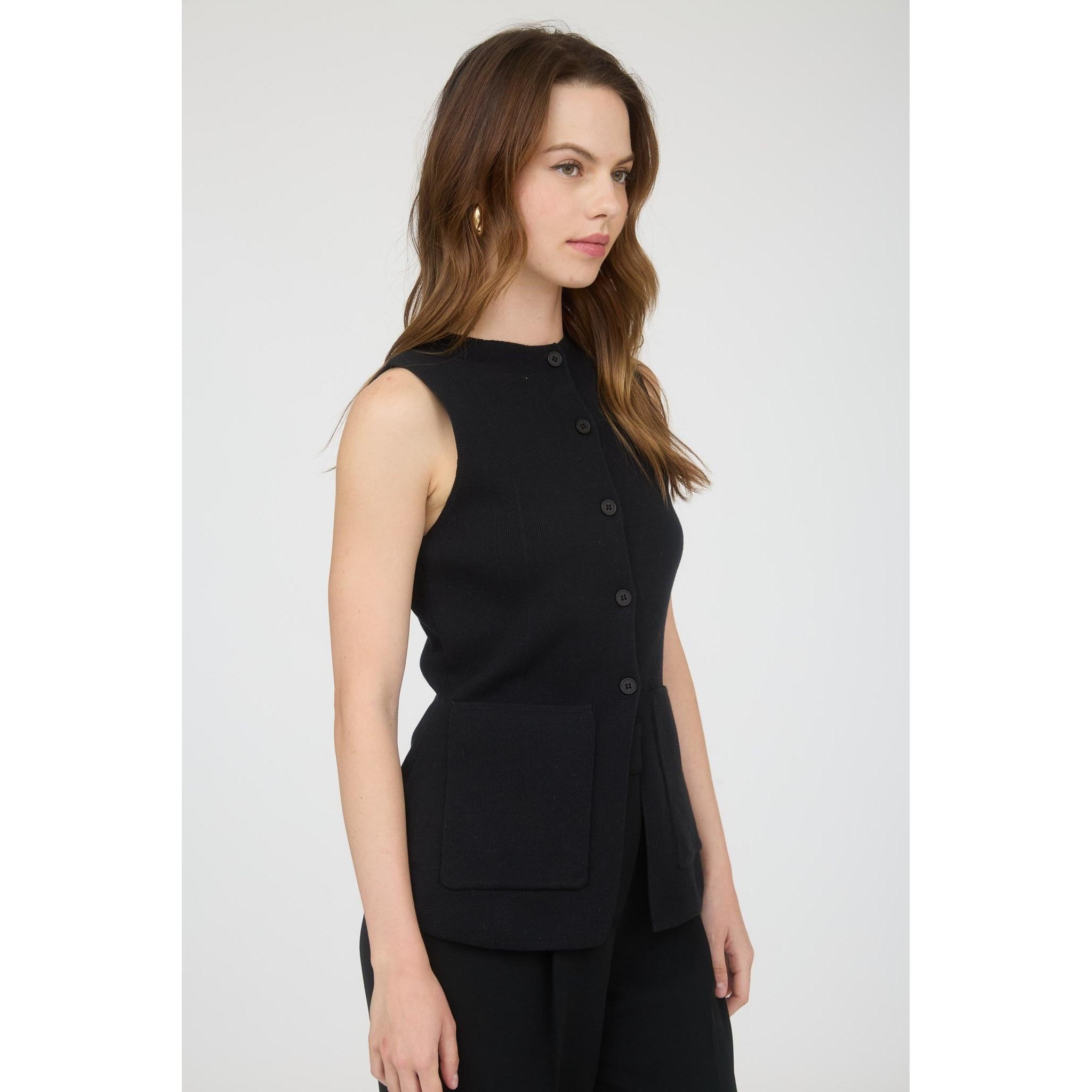 Button Down Sleeveless Knit Vest || Black