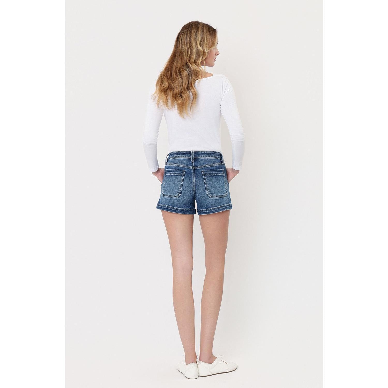 Vervet High Rise Patch Pocket Denim Shorts || Ocean