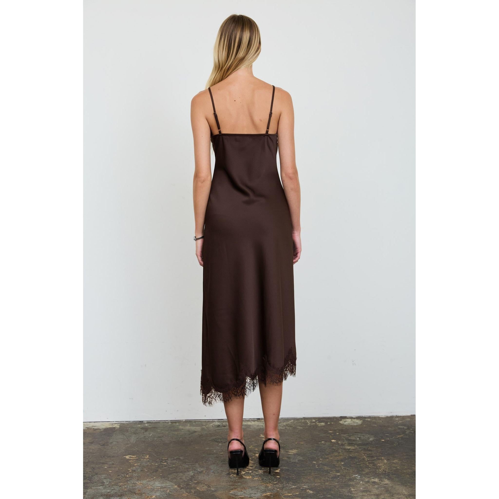 Satin Lace Trim Slip Midi Dress || Brown