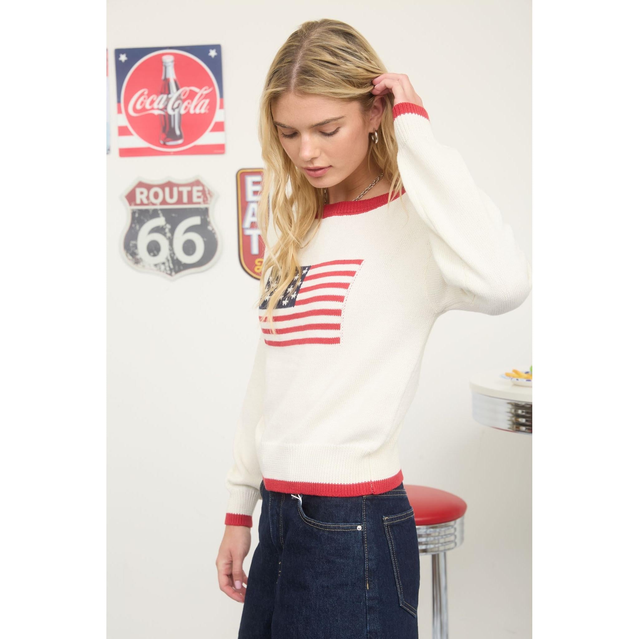 American Flag Contrast Trim Sweater || Ivory