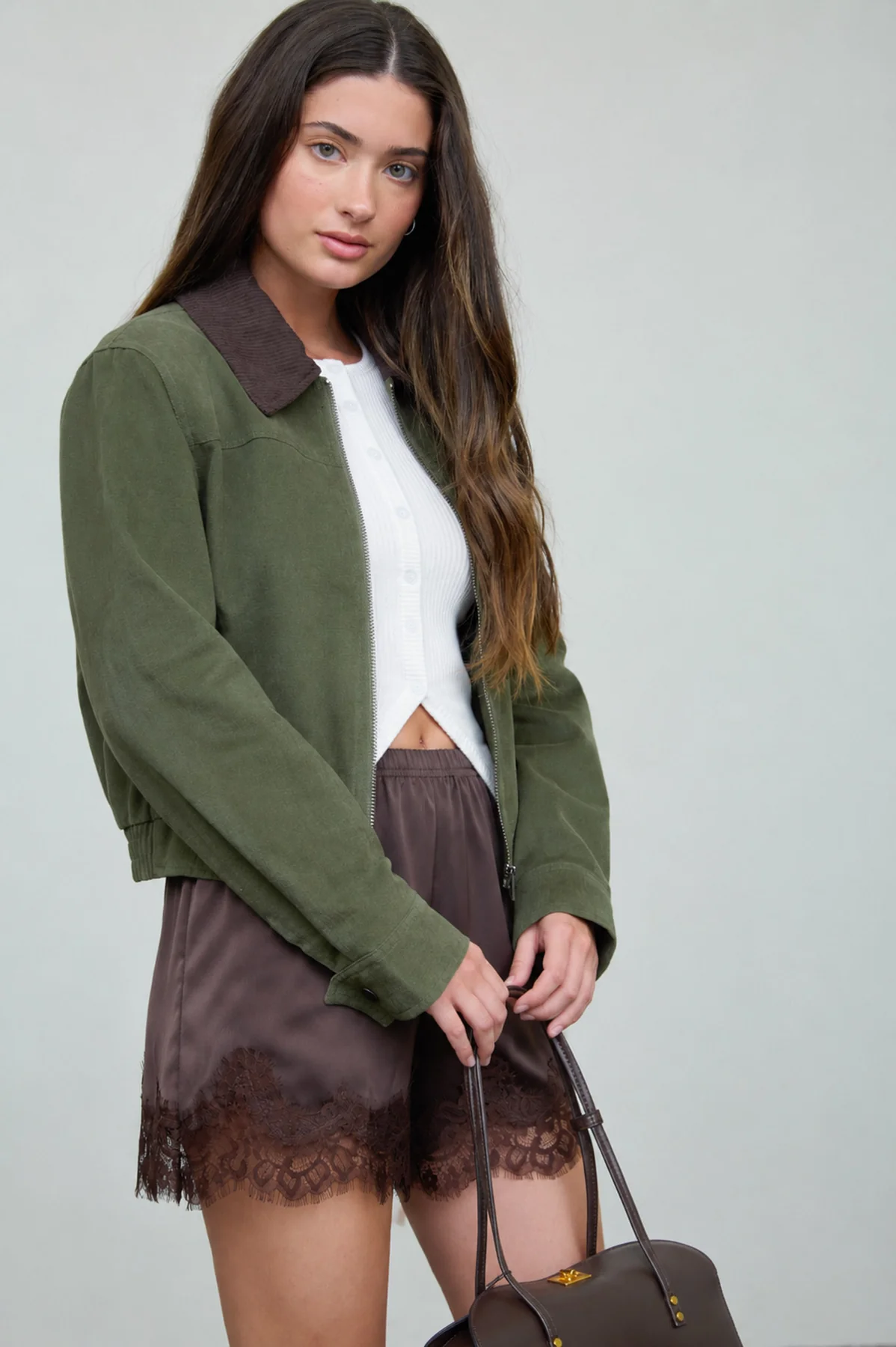 Contrast Corduroy Collar Jacket || Dark Olive