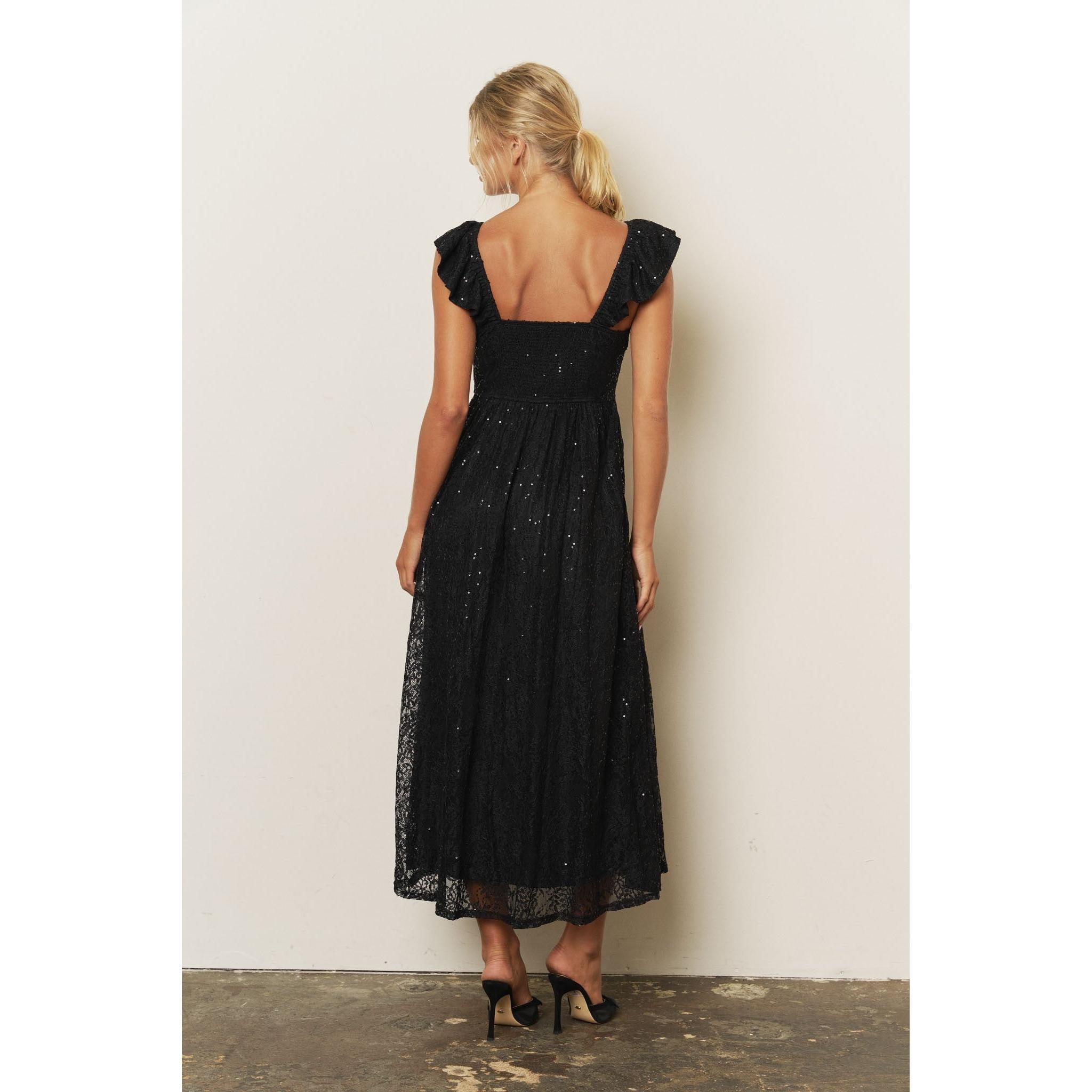Sequin Sweetheart Ruffle Strap Corset Midi Dress || Black