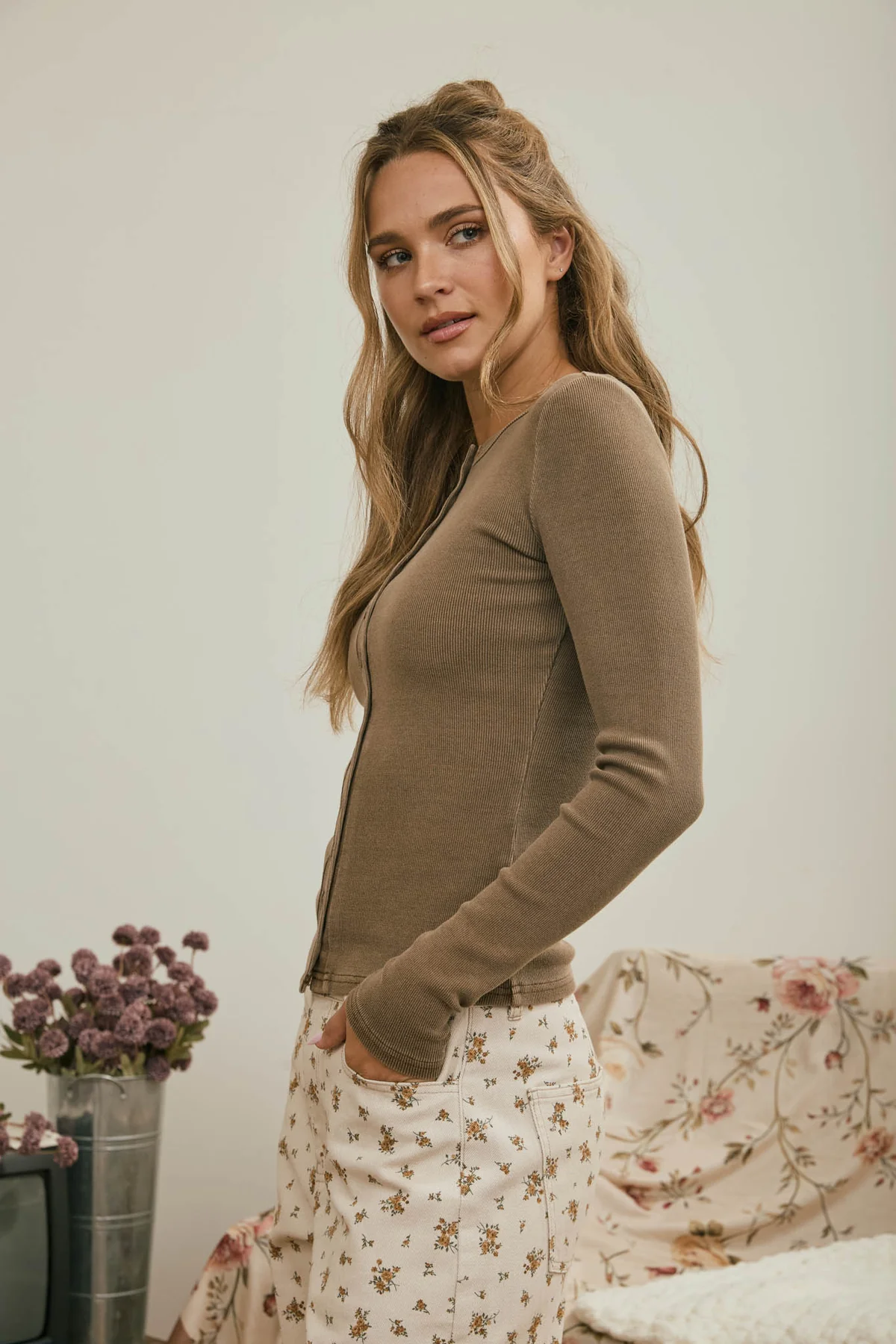 Button Front Long Sleeve Knit Top