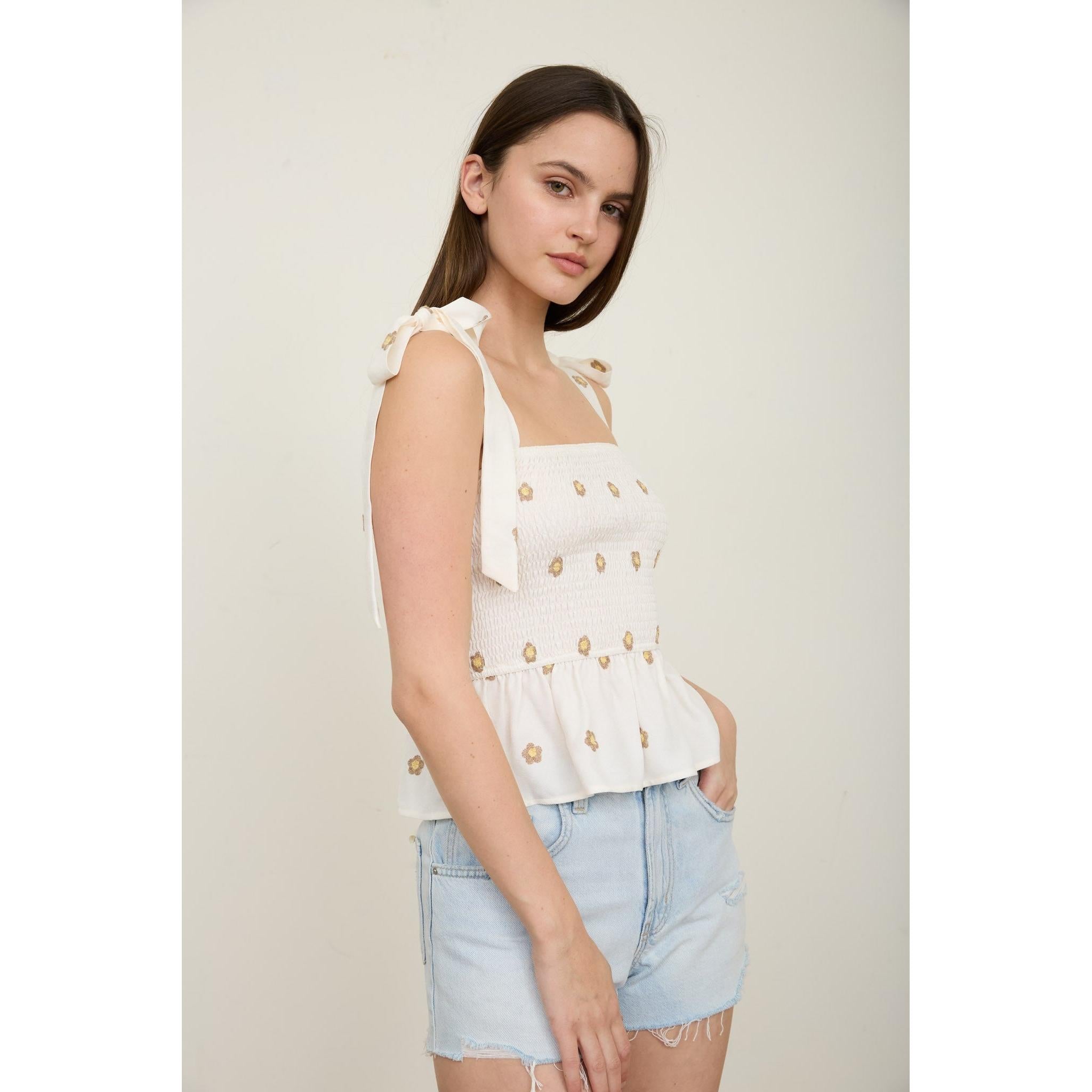 Daisy Embroidery Tie Strap Top || Ivory