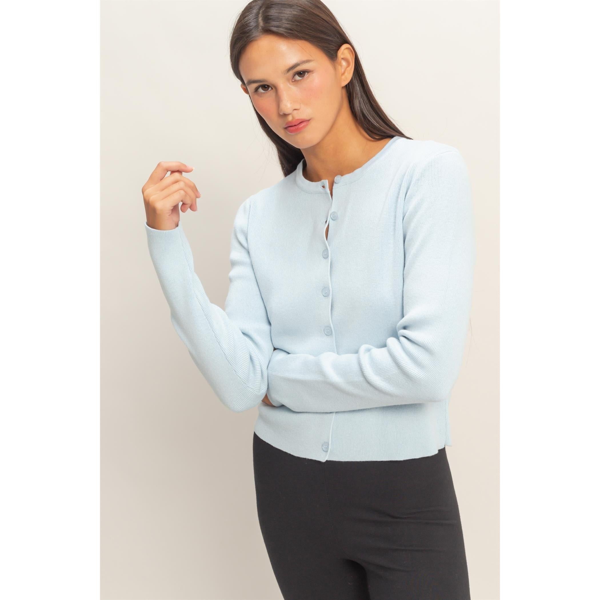 soft crew neck cardigan light blue