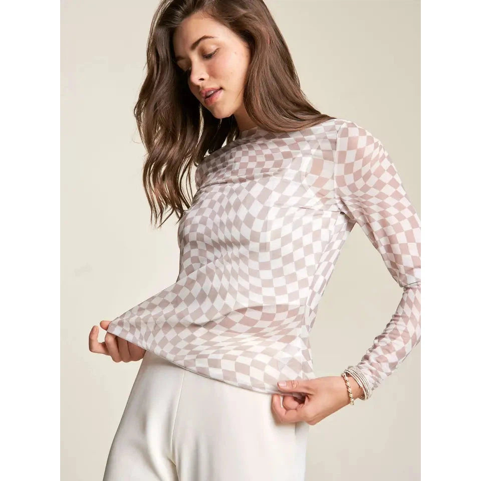 Checker Printed Mesh Long Sleeve || Ivory/Taupe