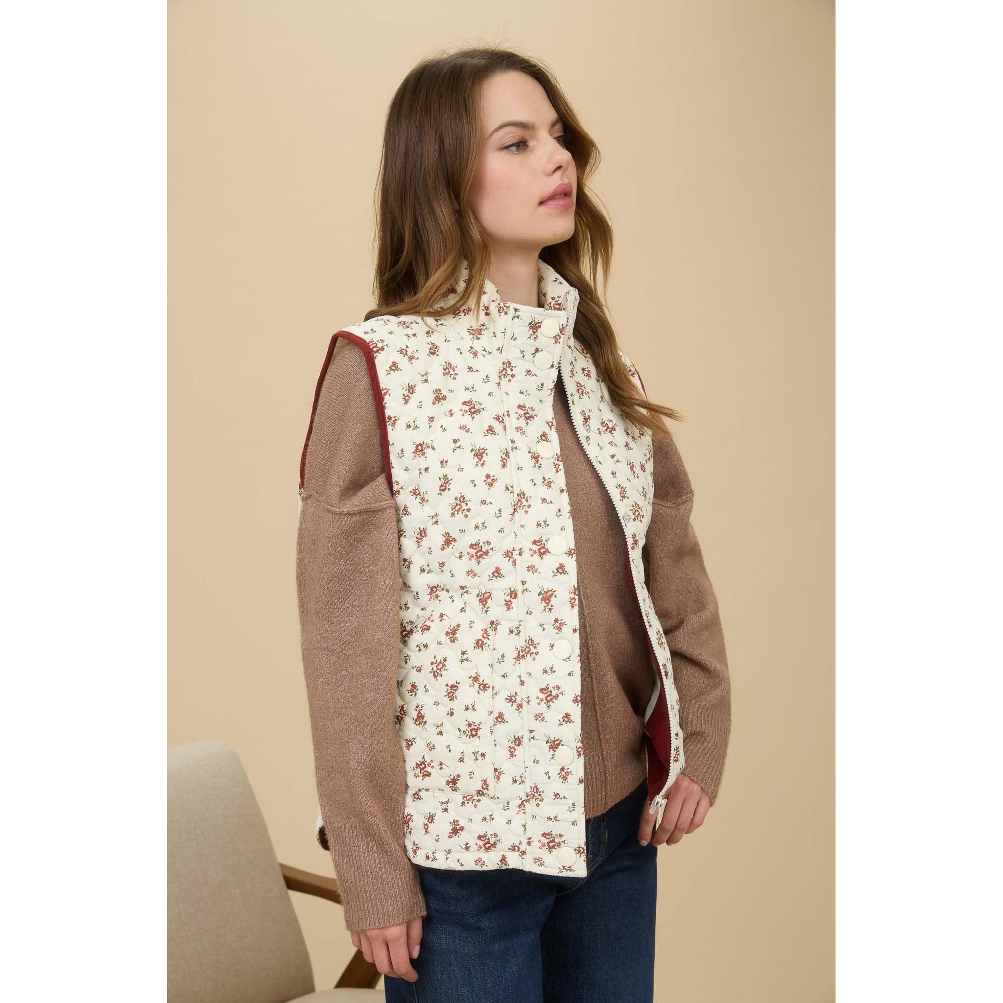 Floral Quilted Zip-up Puffer Vest