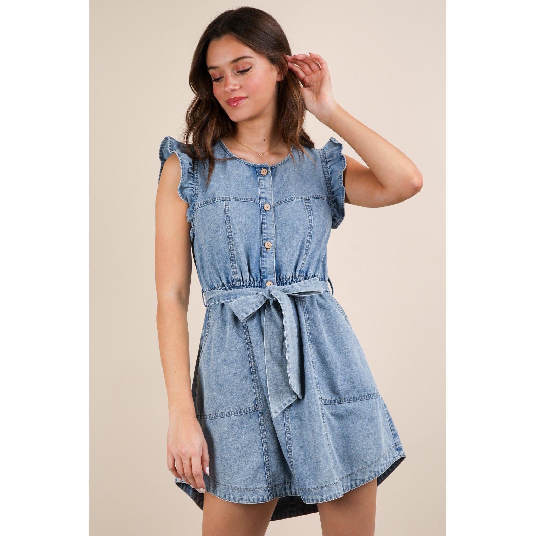 Washed Chambray Ruffle Detail Mini Dress || Indigo