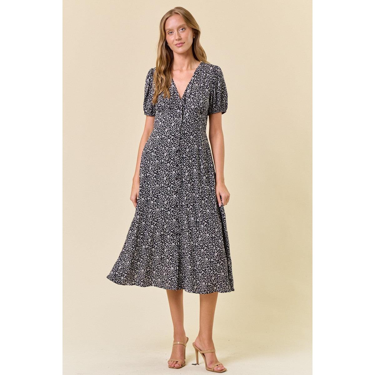 Ditsy Floral V-neck Dress || Black