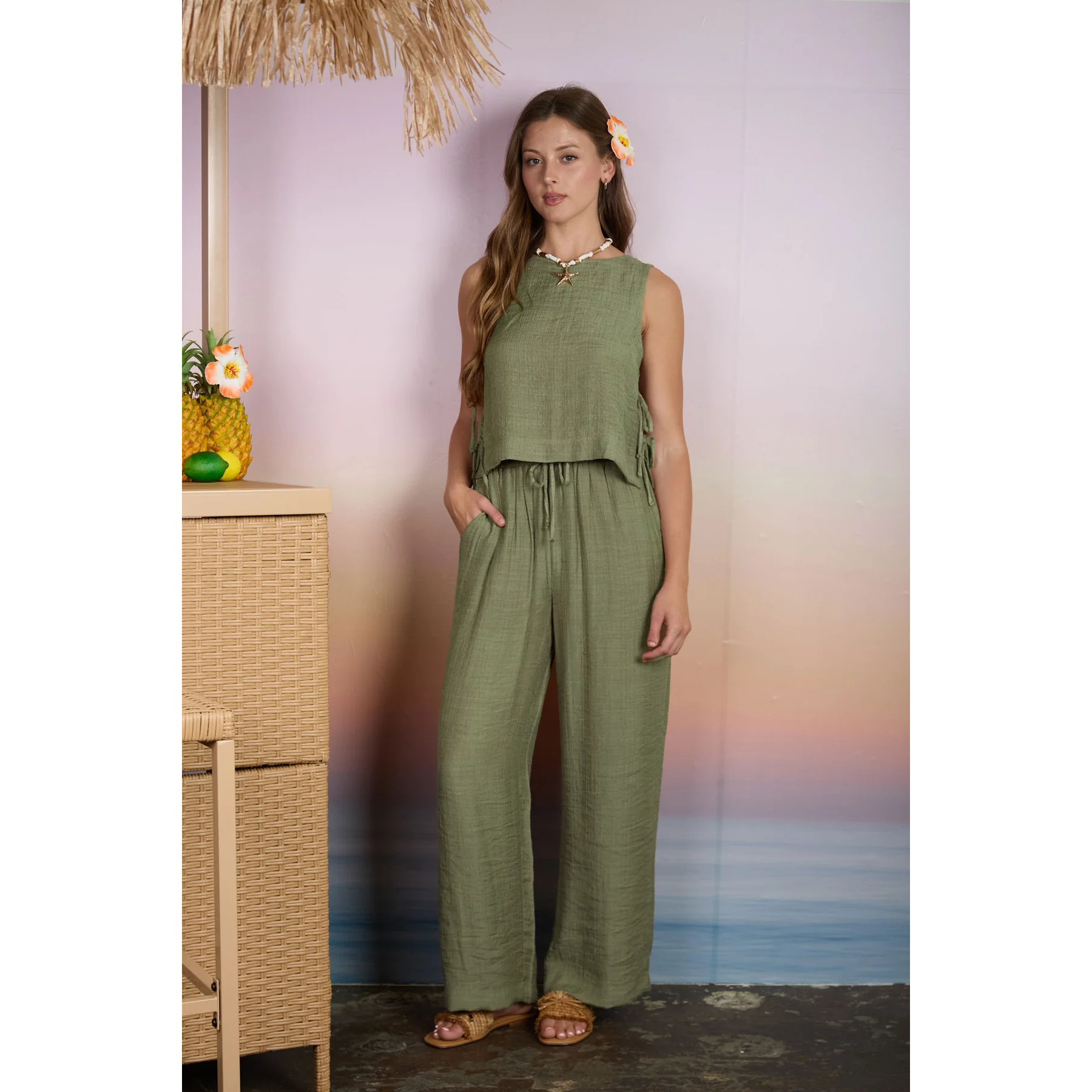 Textured Side Tie Sleeveless Top || Olive