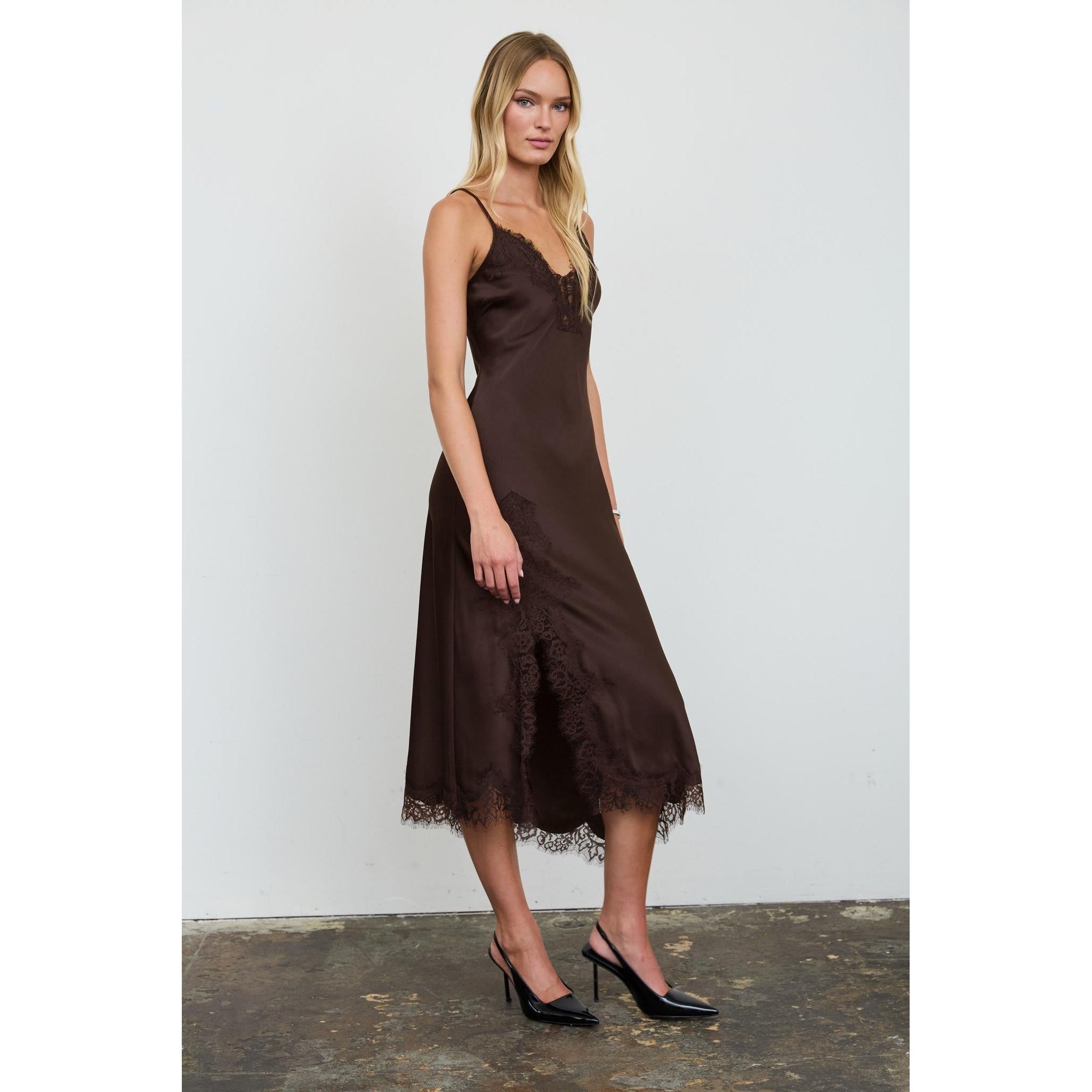 satin midi dress with lace trim