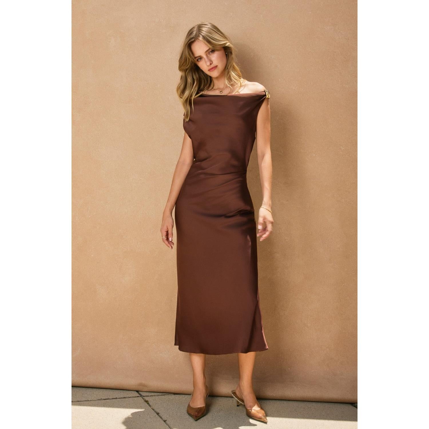 satin off shoulder midi dress