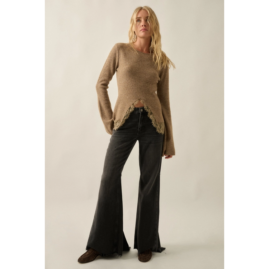 split front lace detail sweater
