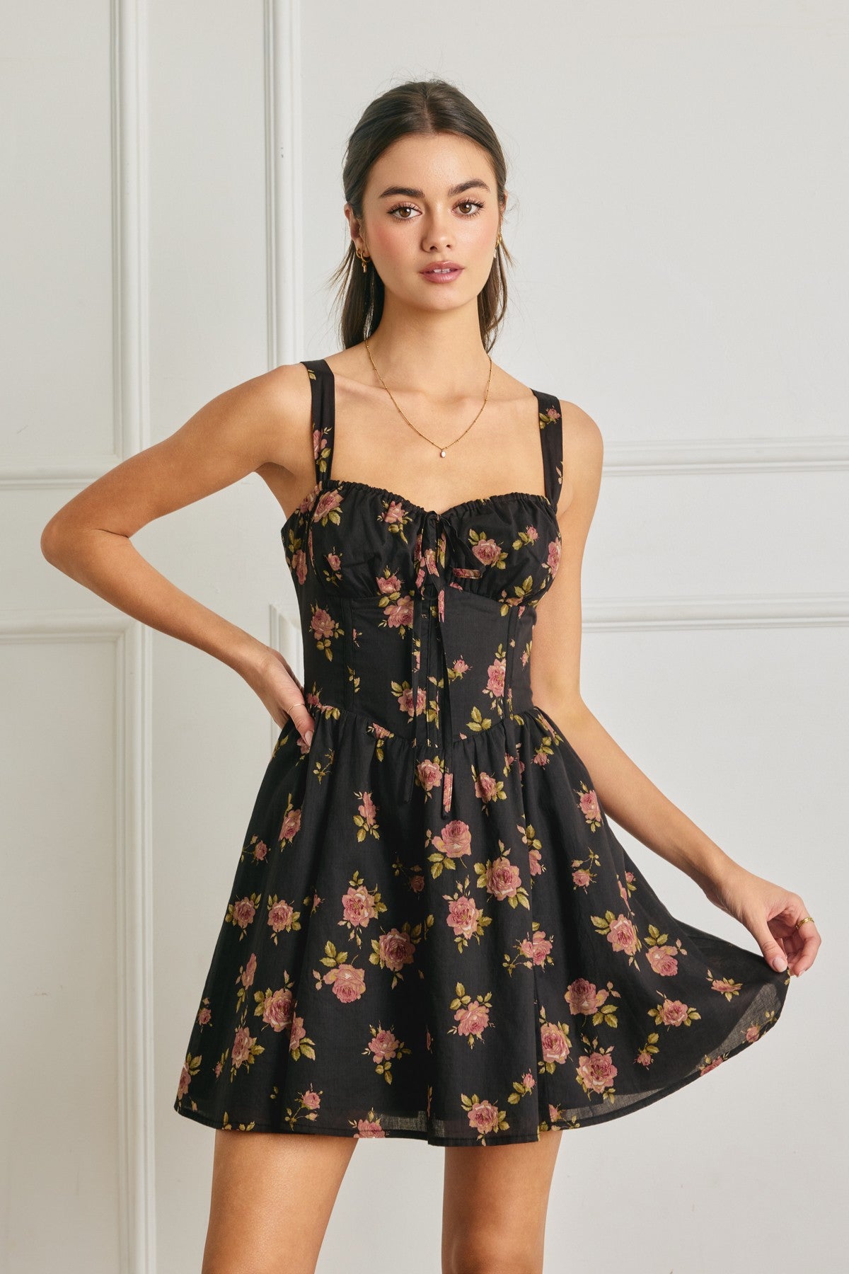 Floral Sweetheart Corset Mini Dress || Black Floral