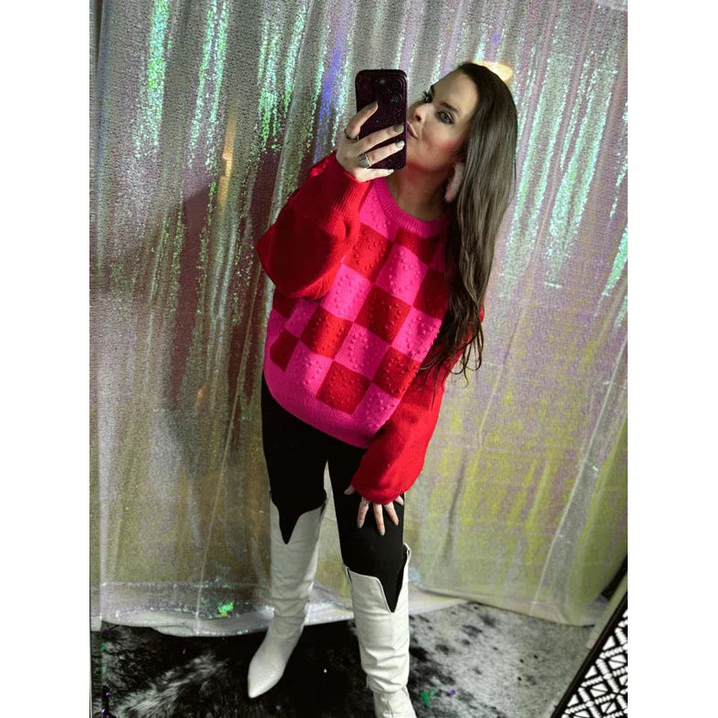 Checkered Heart Sweater || Pink