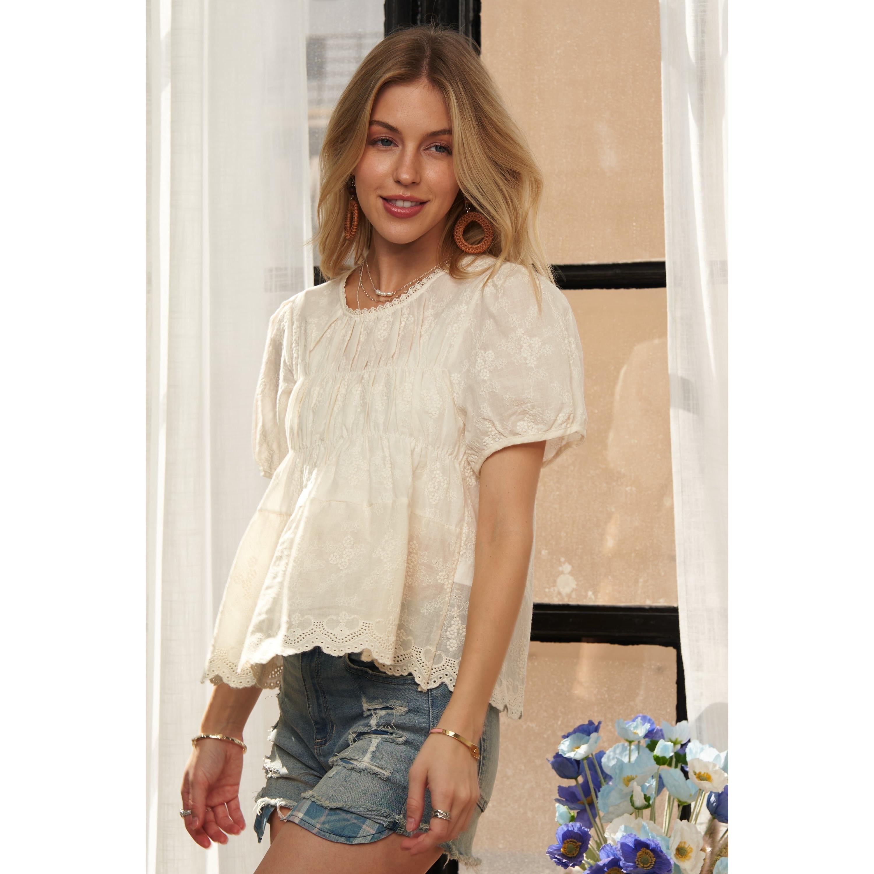 Eyelet Detail Cotton Top || Beige
