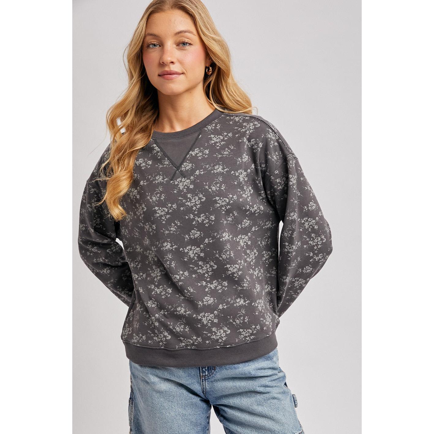 crewneck sweatshirt with ditsy floral pattern in charcoal grey