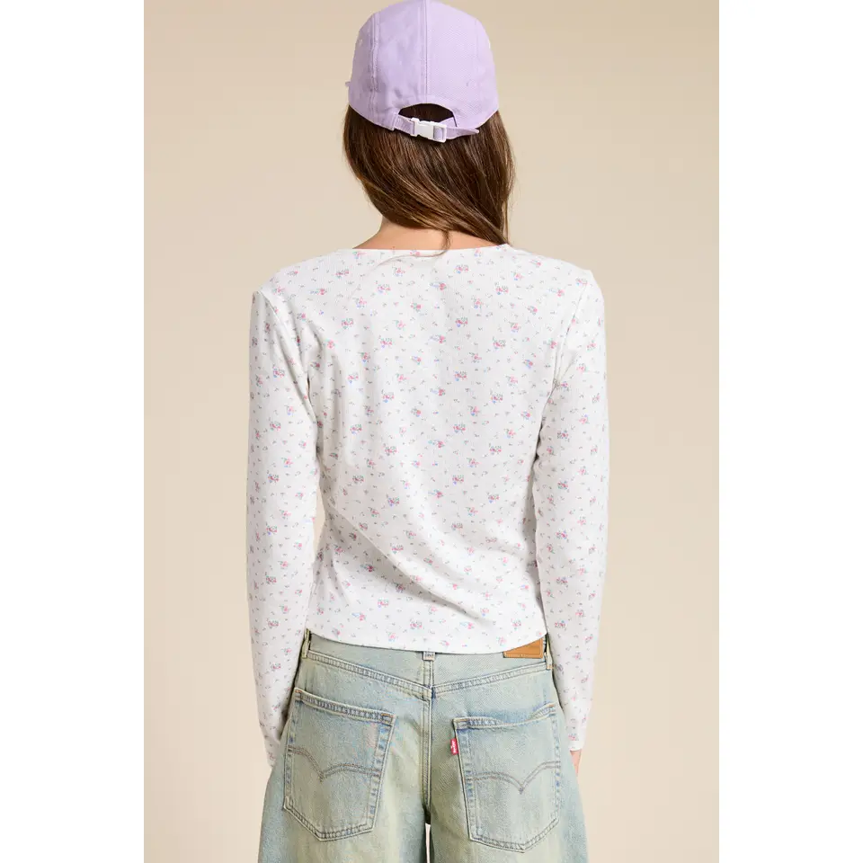 Floral Print Pointelle Knit Cardigan || Ivory