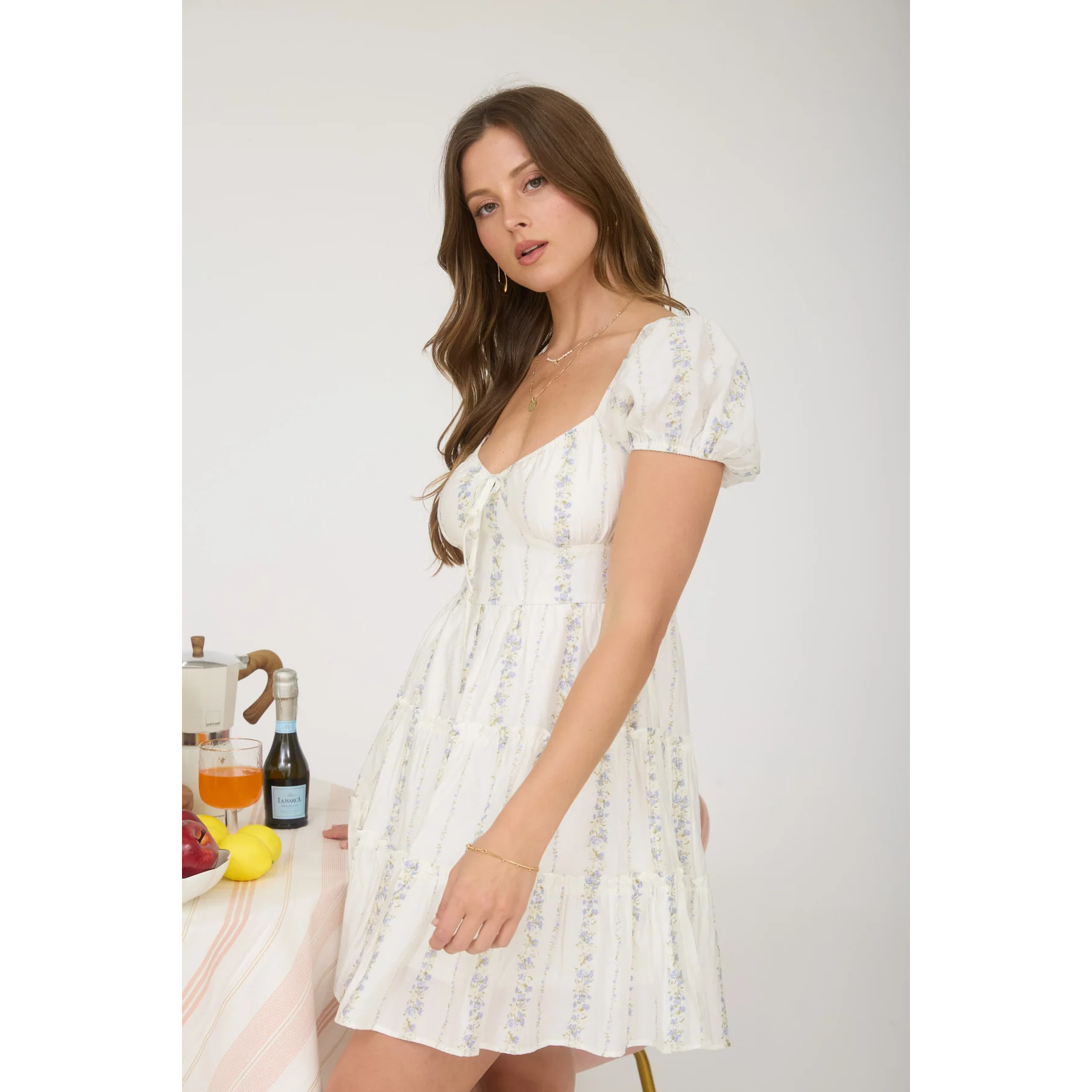 Floral Stripe Puff Sleeve Mini Dress || Blue Multi