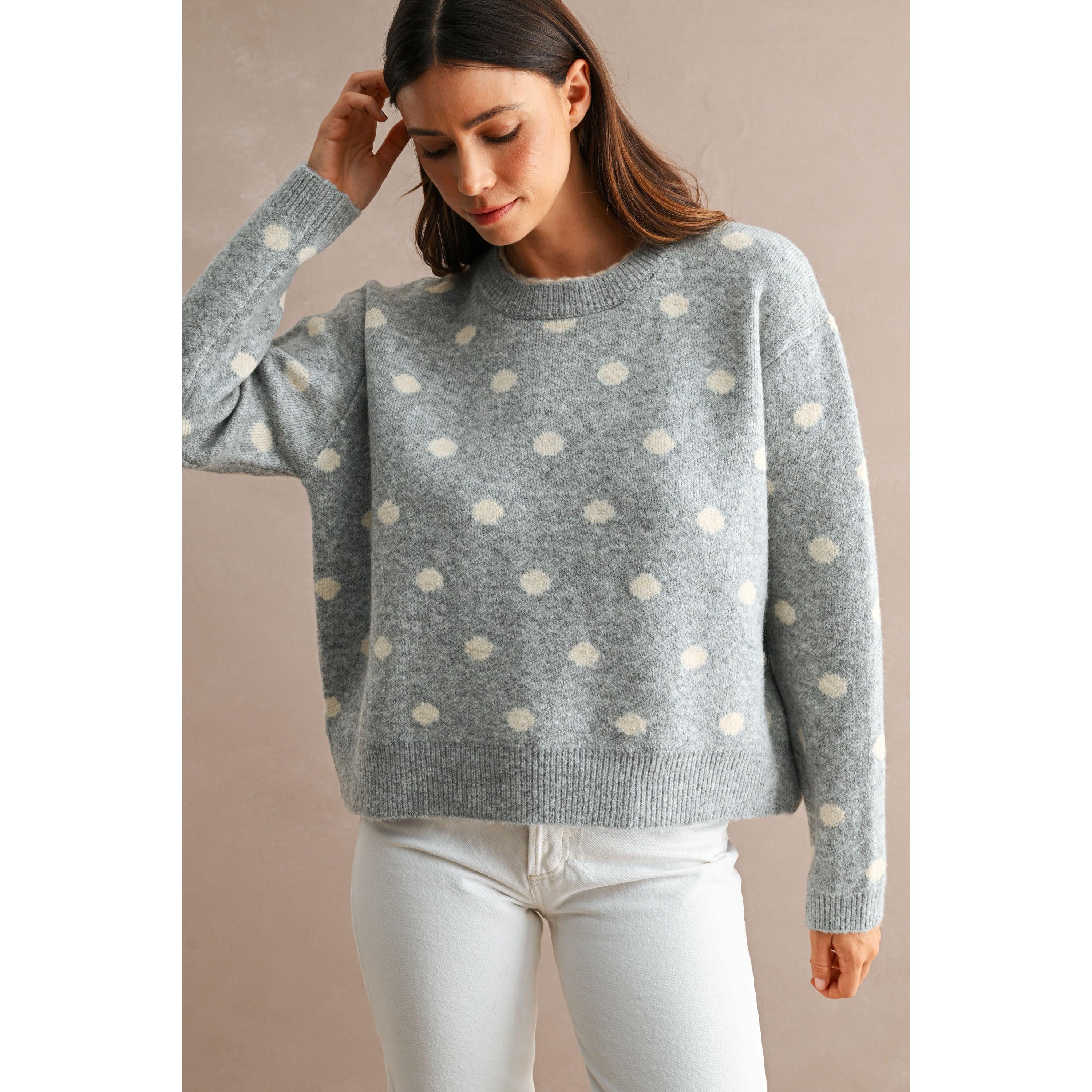 Contrast Trim Polka Dot Sweater || Heather Grey