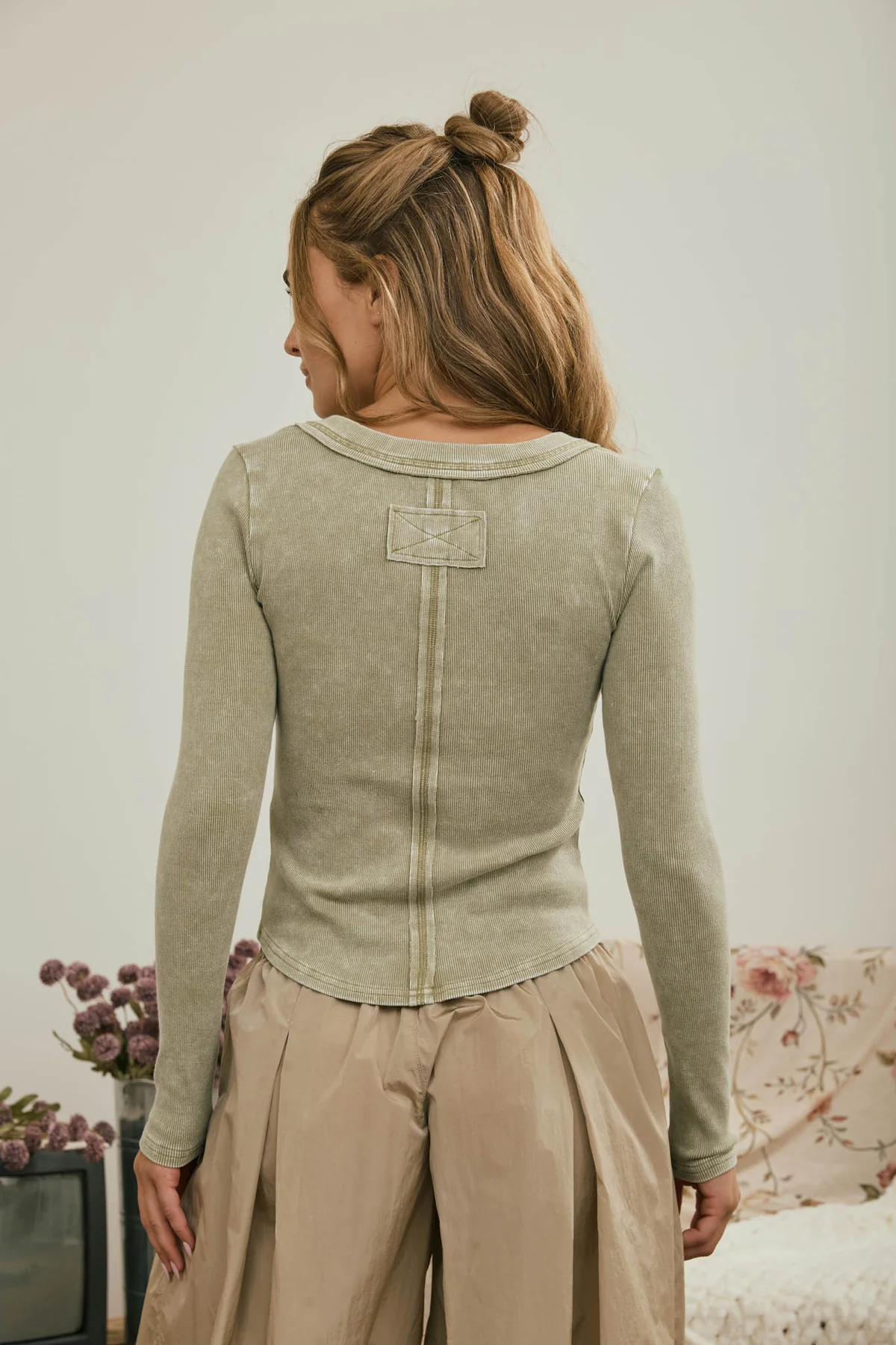 Washed Long Sleeve Ribbed Henley
