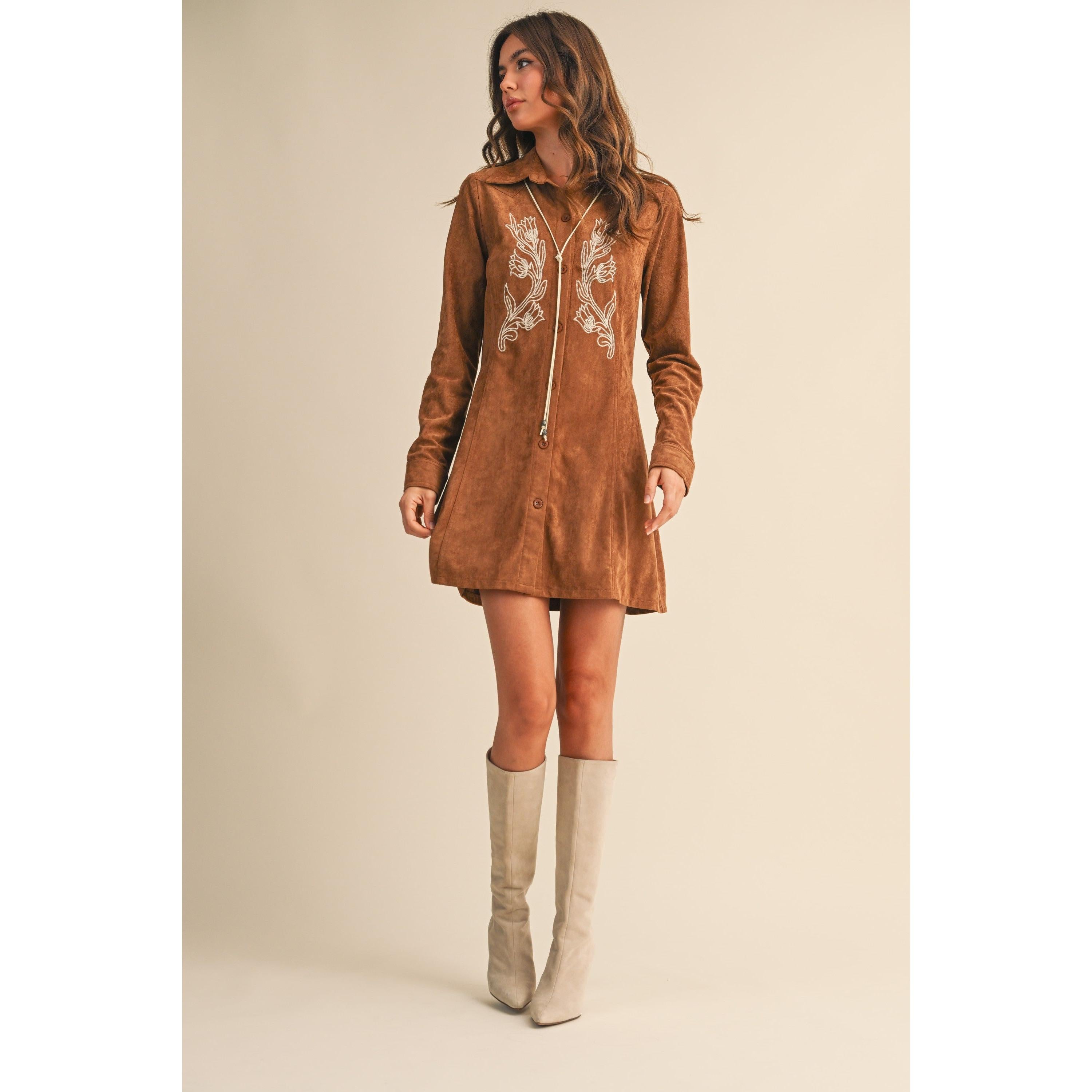 Embroidered Suede Button Down Mini Dress || Mocha