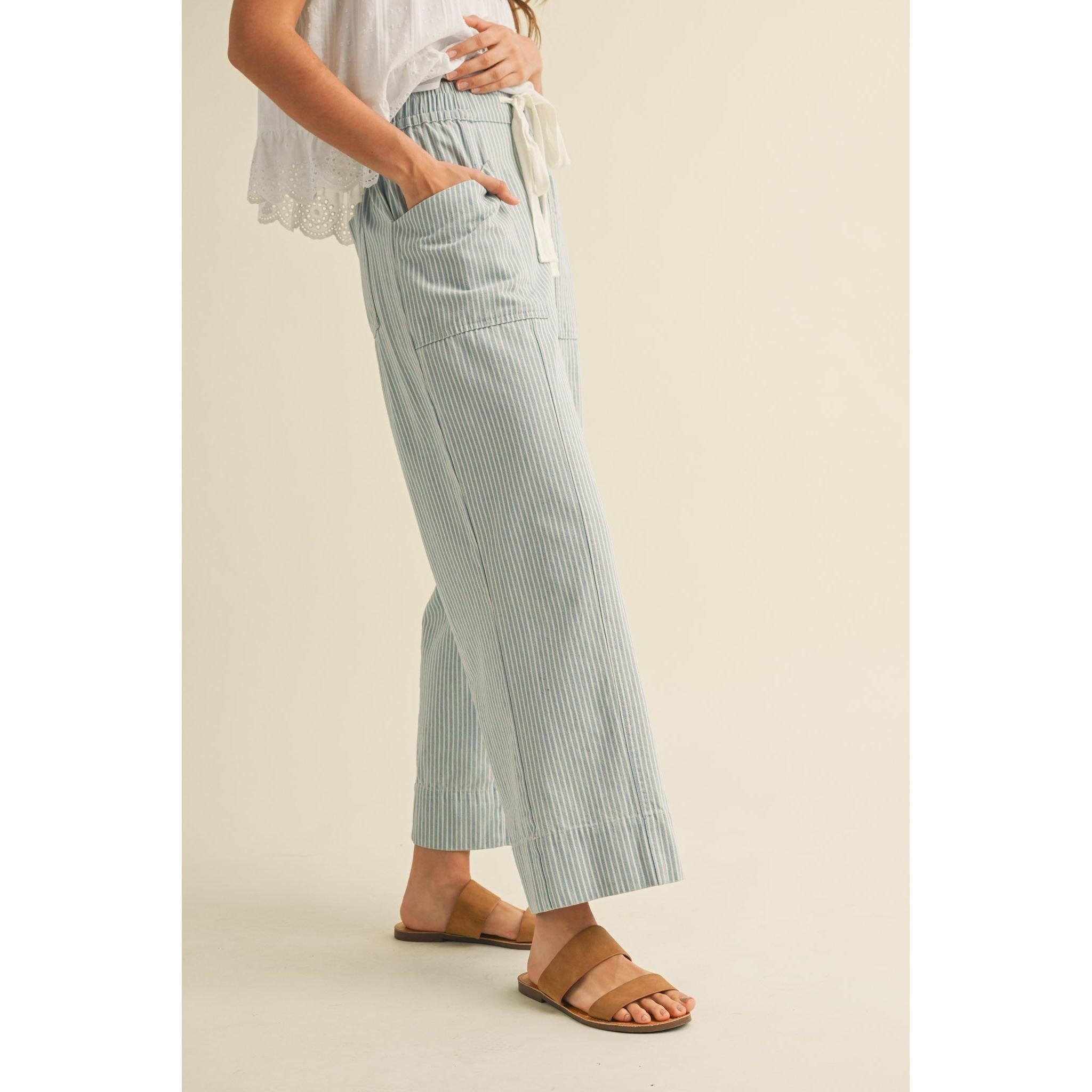 Striped Wide Leg Cropped Pants || Light Blue Stripe