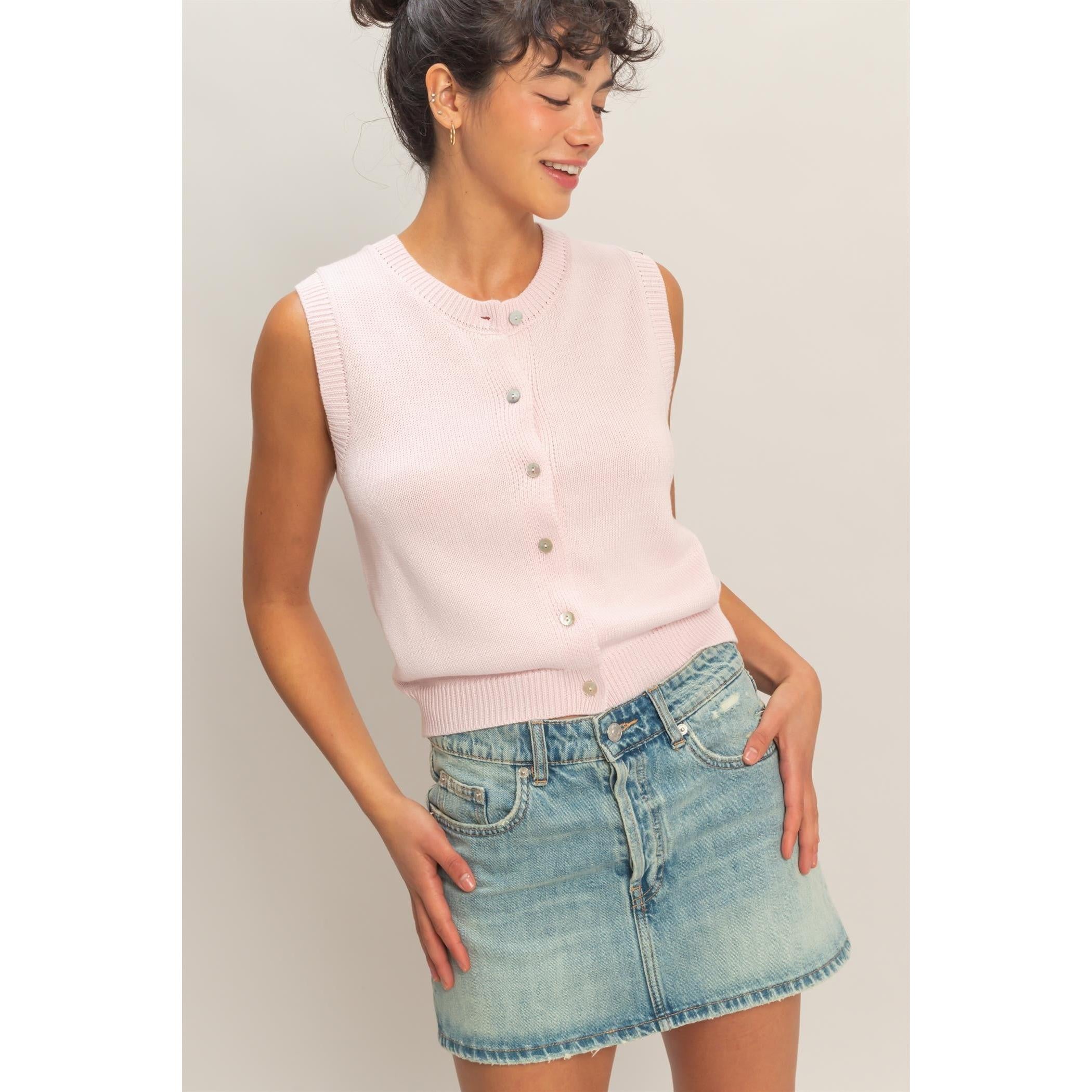 pink button up sleeveless vest, sleeveless sweater vest